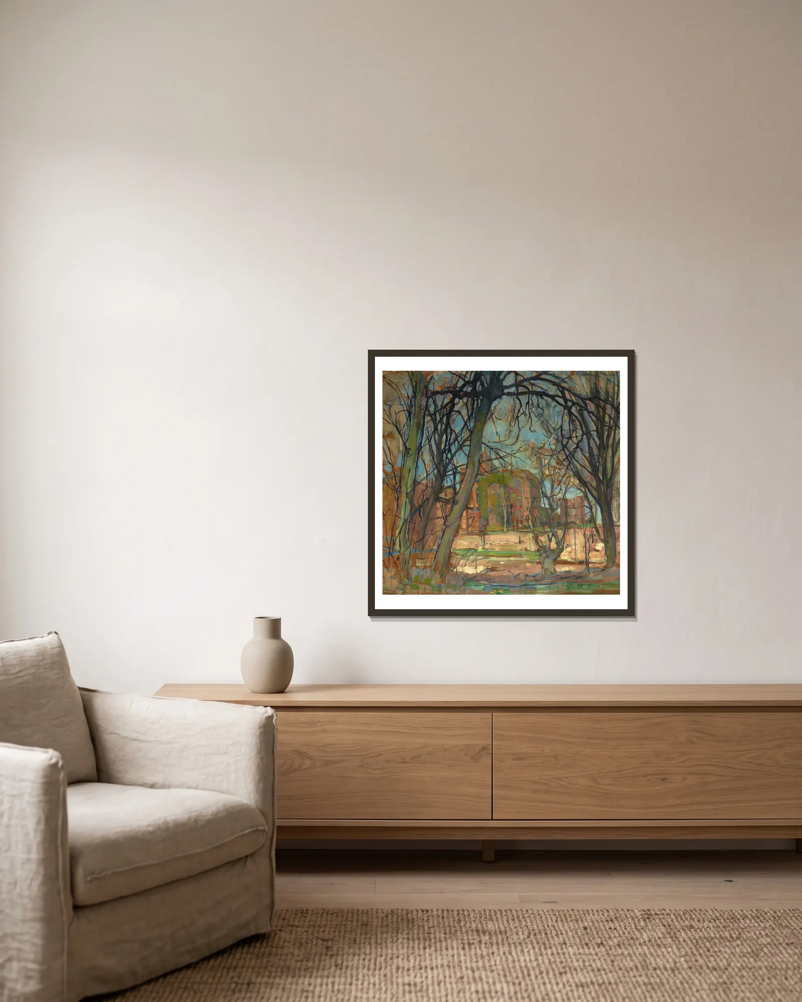 Spring Sun (Lentezon); Castle Ruin; Brederode av Piet Mondrian inramad på en vägg
