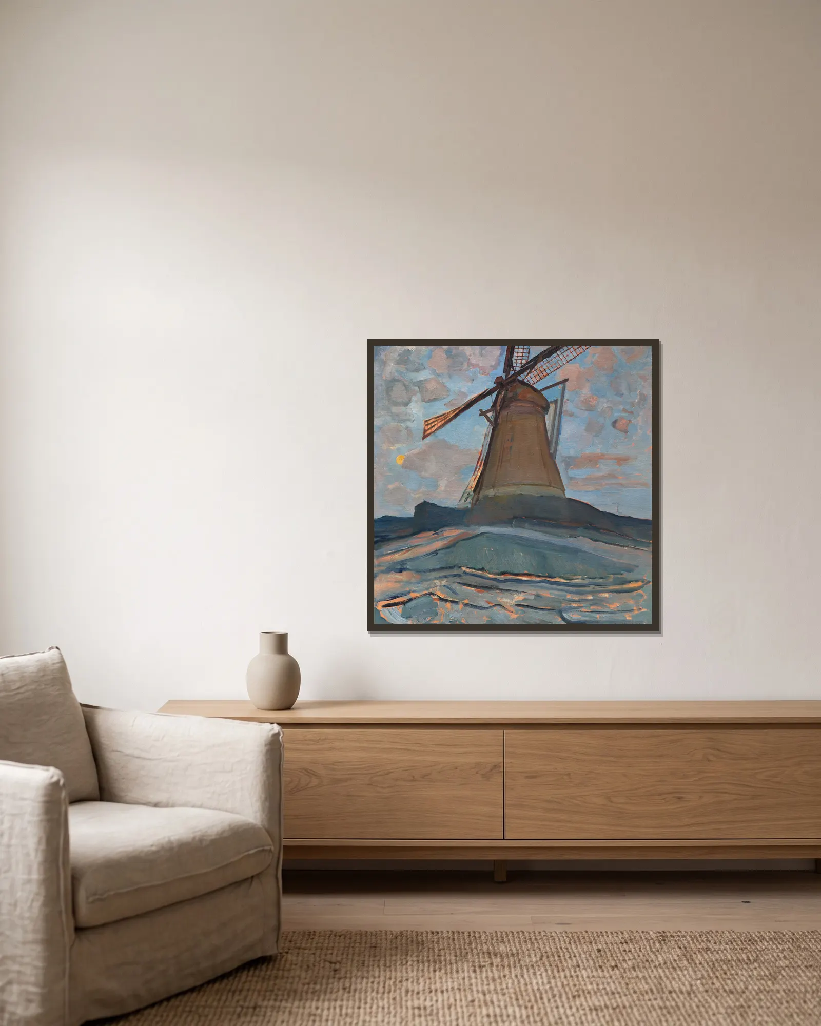 Windmill av Piet Mondrian inramad på en vägg