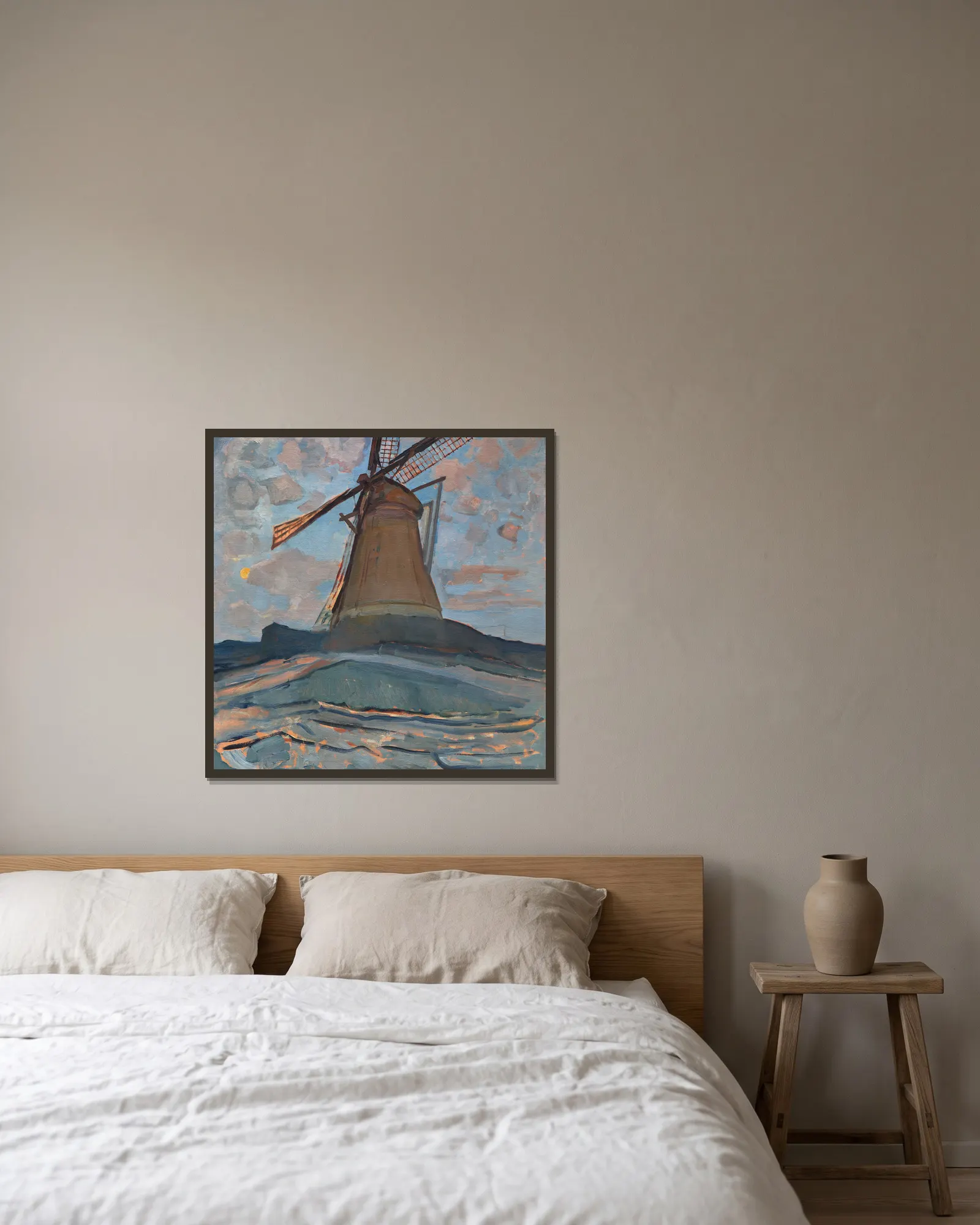 Windmill av Piet Mondrian inramad på en vägg