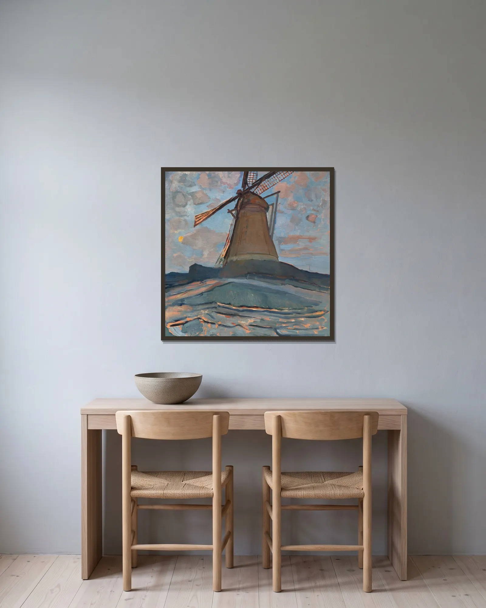 Windmill av Piet Mondrian inramad på en vägg