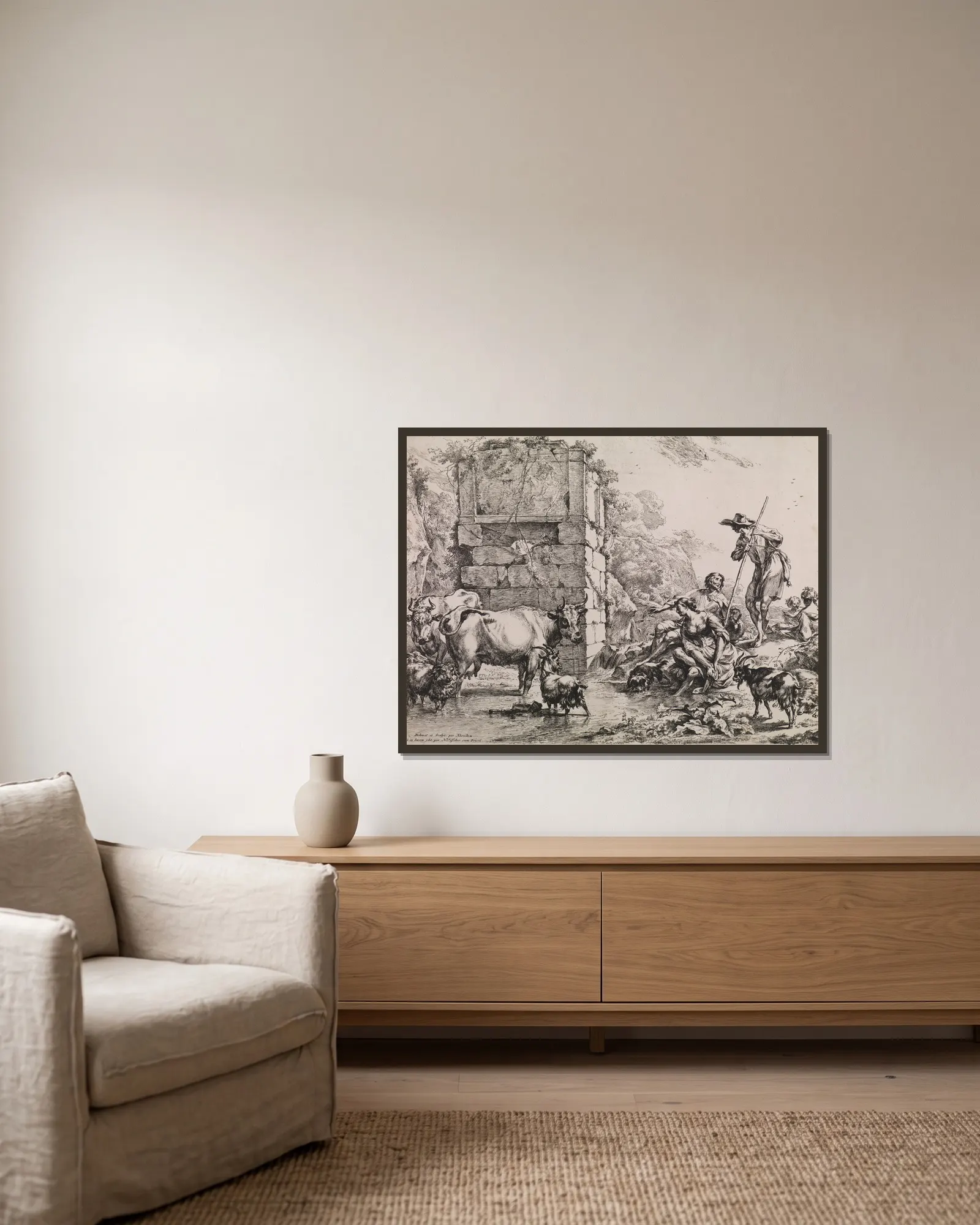 Cow Drinking av Nicolaes Pietersz. Berchem inramad på en vägg