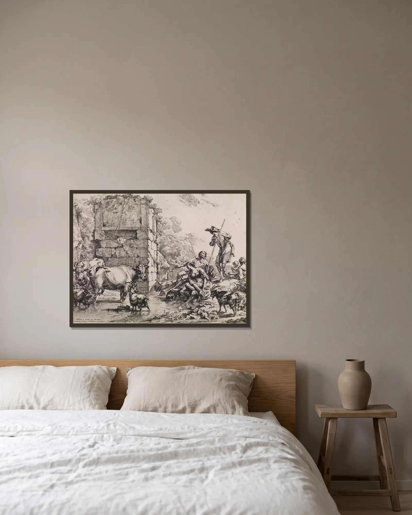 Cow Drinking av Nicolaes Pietersz. Berchem inramad på en vägg