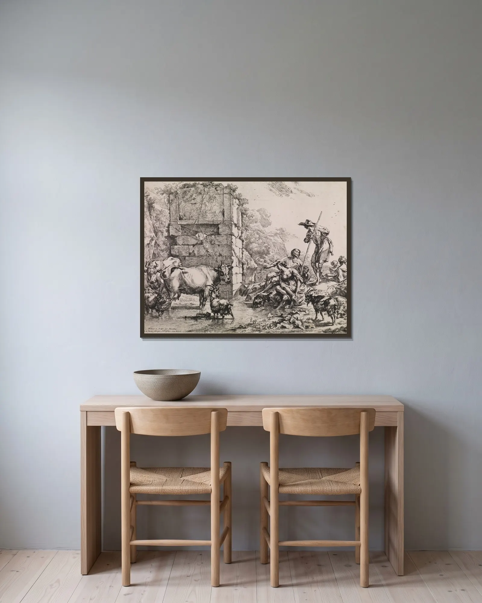 Cow Drinking av Nicolaes Pietersz. Berchem inramad på en vägg