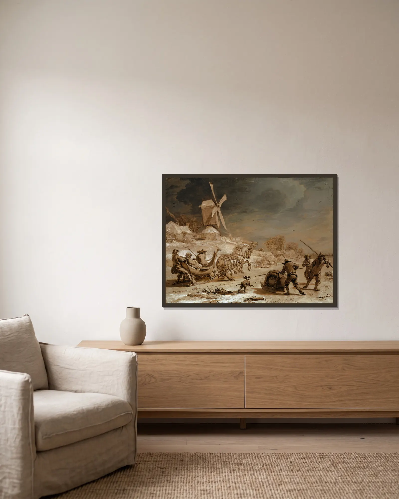 Sledging av Nicolaes Pietersz. Berchem inramad på en vägg