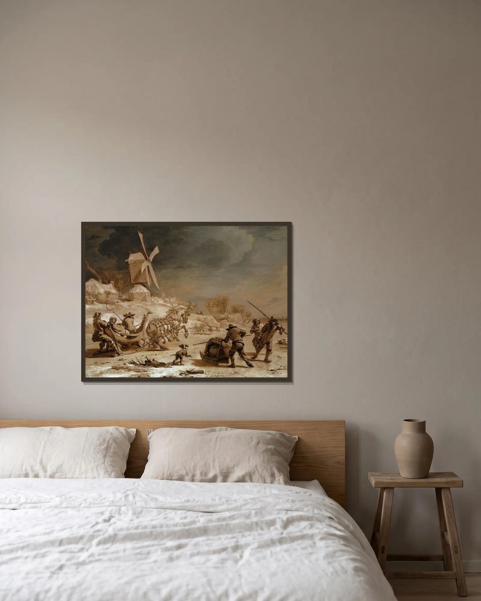 Sledging av Nicolaes Pietersz. Berchem inramad på en vägg
