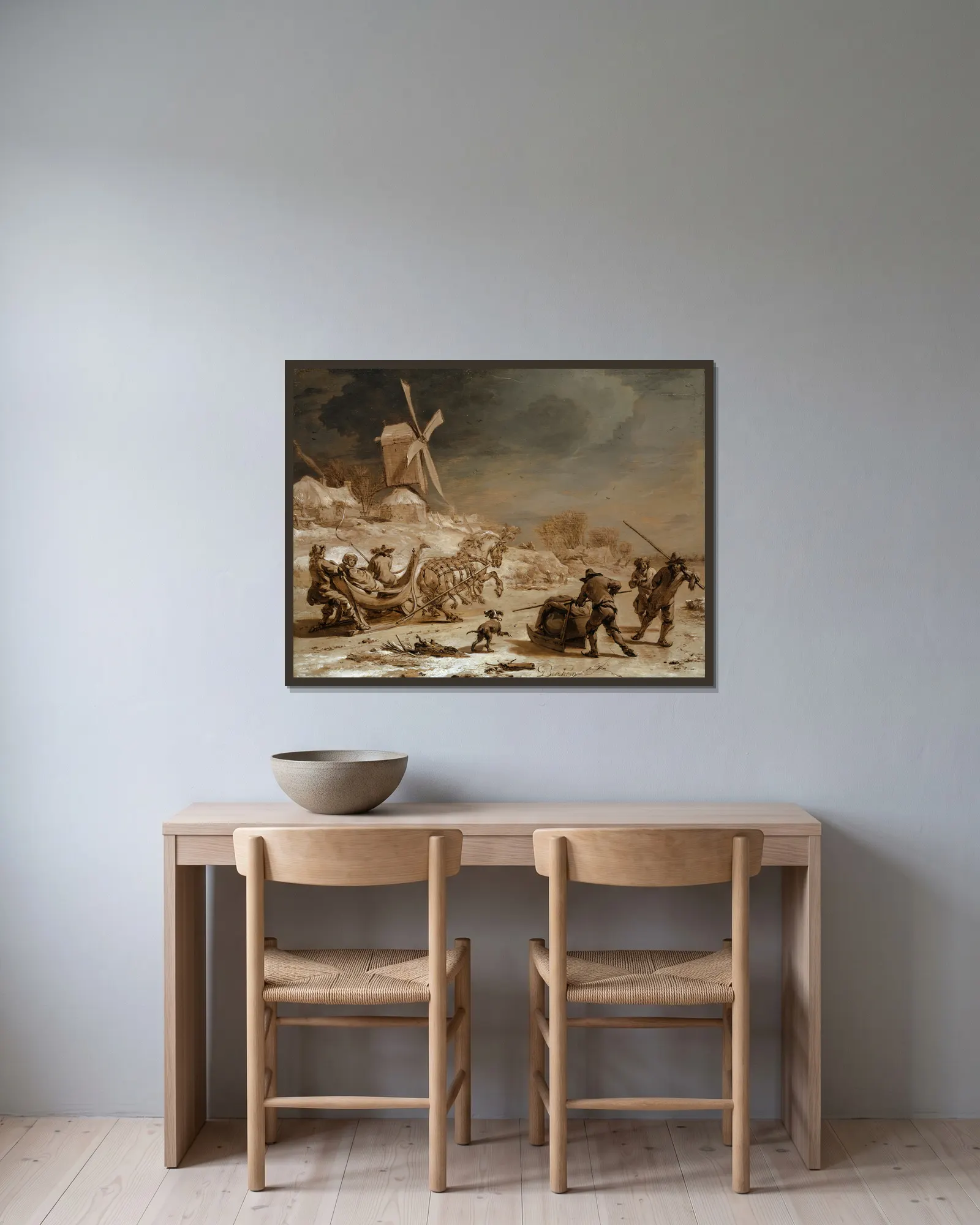 Sledging av Nicolaes Pietersz. Berchem inramad på en vägg