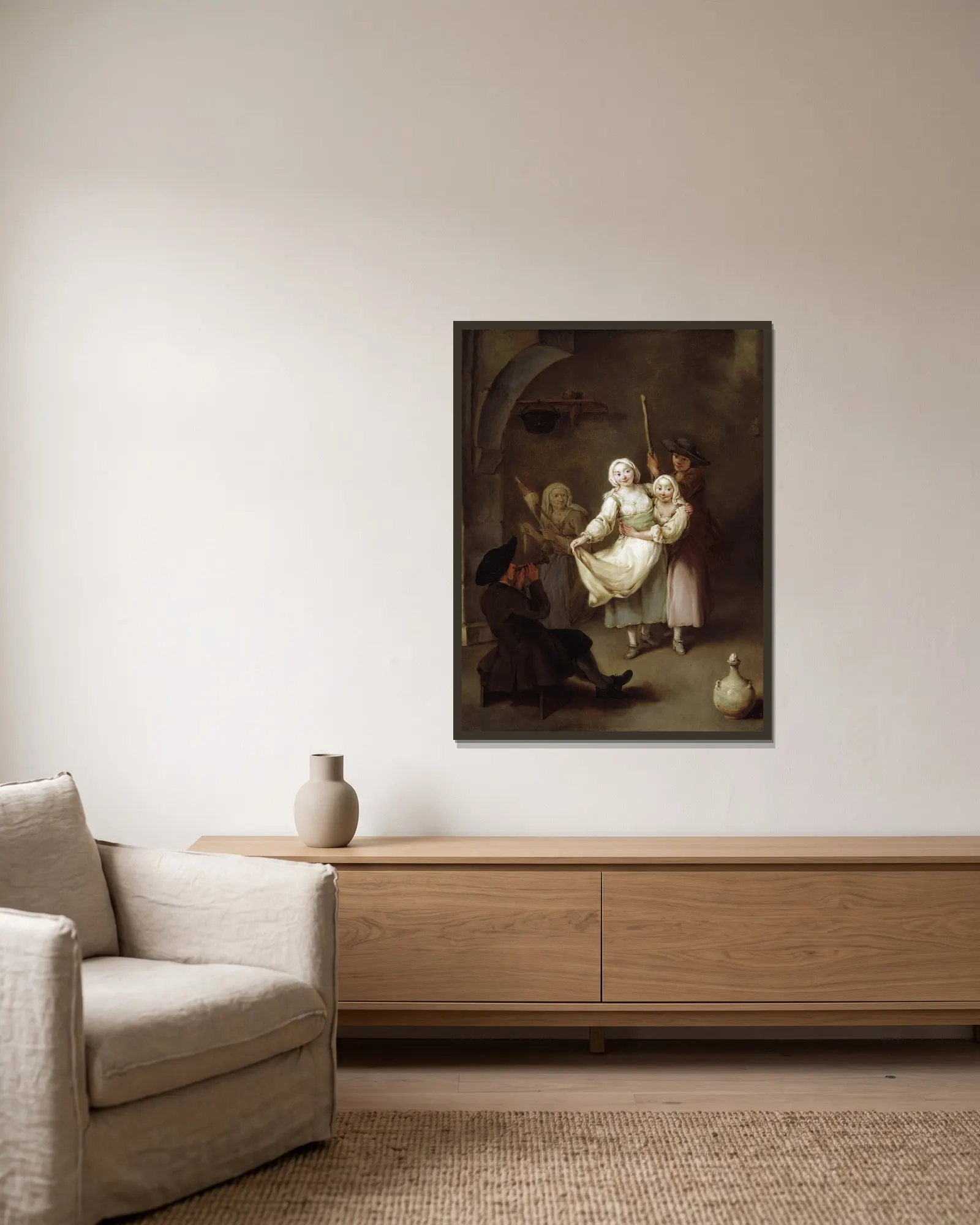 The Dance av Pietro Longhi inramad på en vägg
