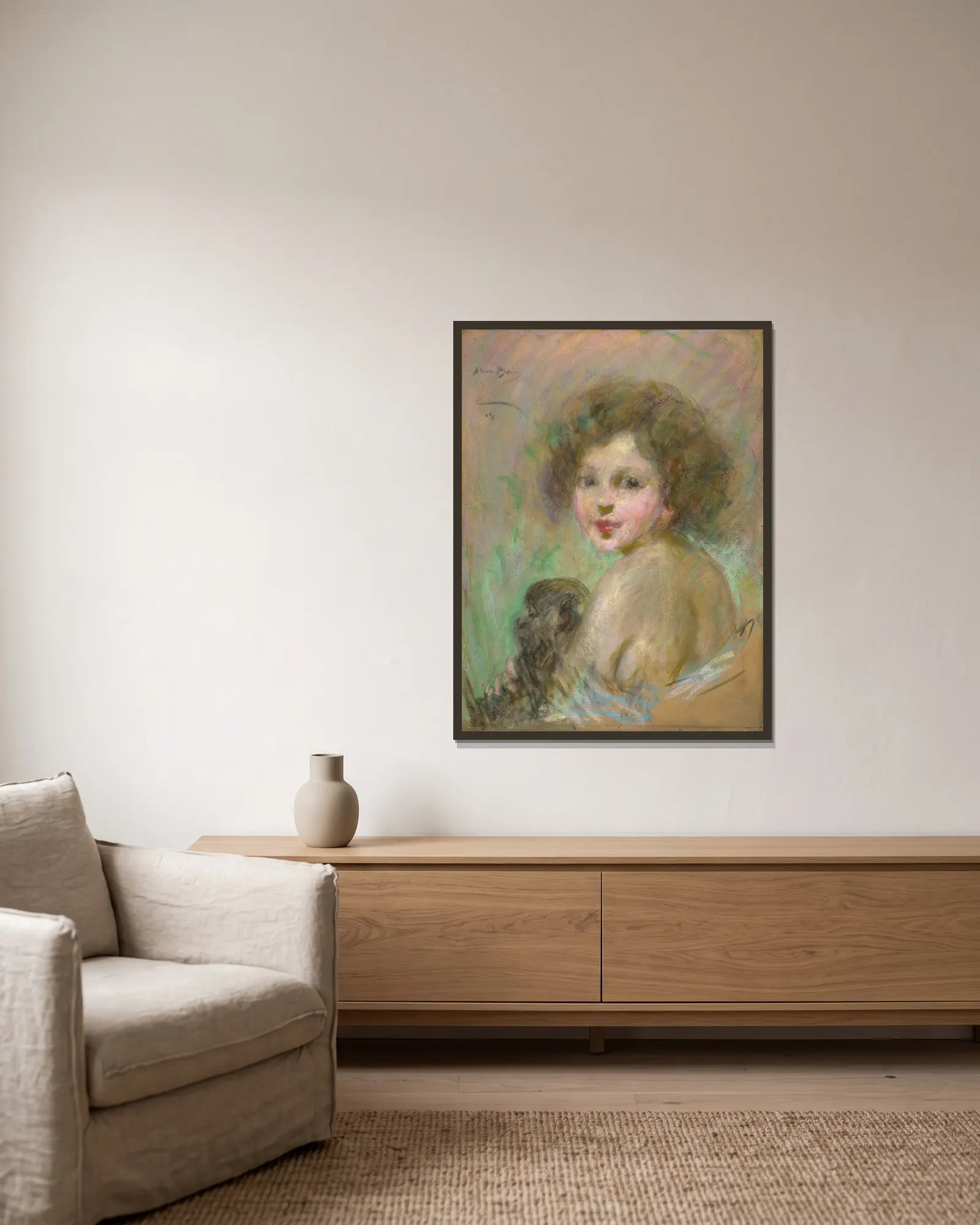 Child with Monkey av Alice Pike Barney inramad på en vägg