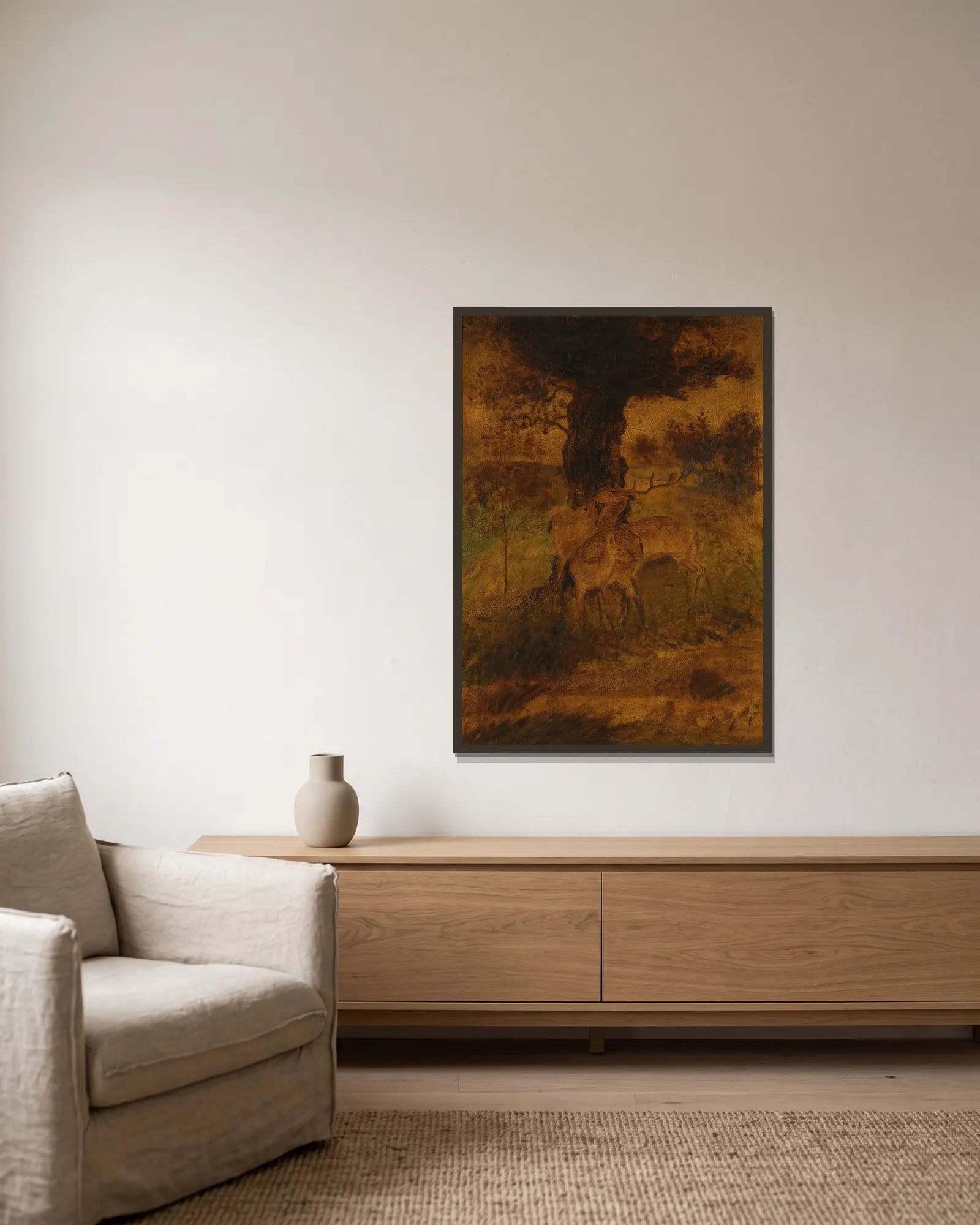 A Stag and Two Does av Albert Pinkham Ryder inramad på en vägg