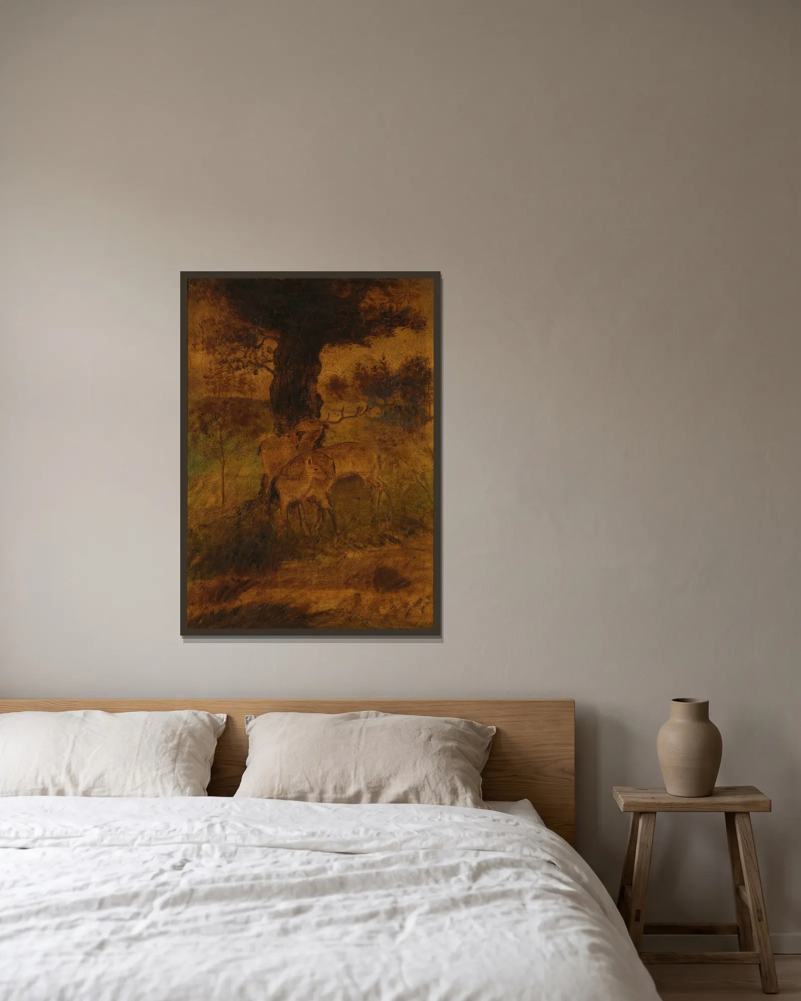 A Stag and Two Does av Albert Pinkham Ryder inramad på en vägg