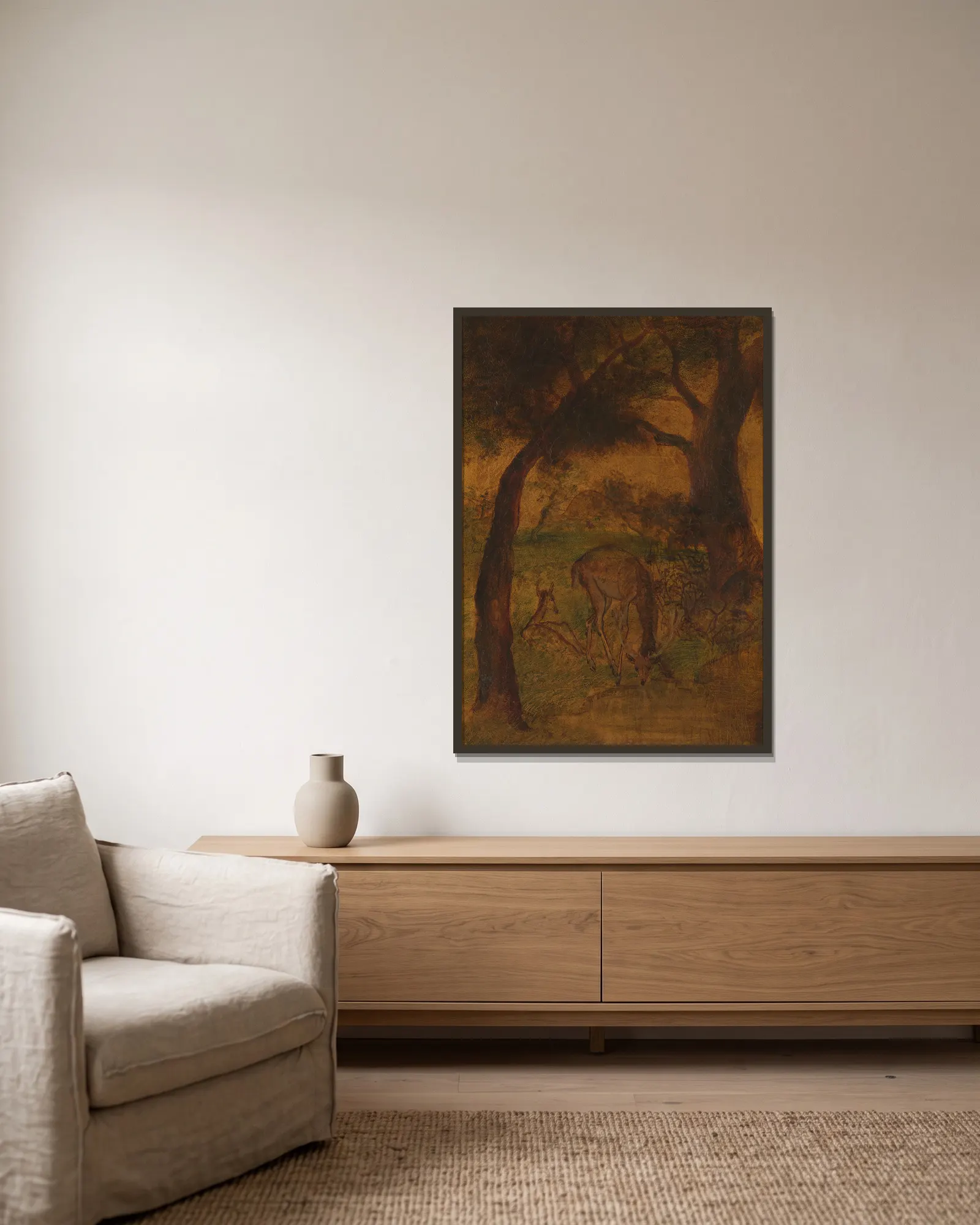 A Stag Drinking av Albert Pinkham Ryder inramad på en vägg