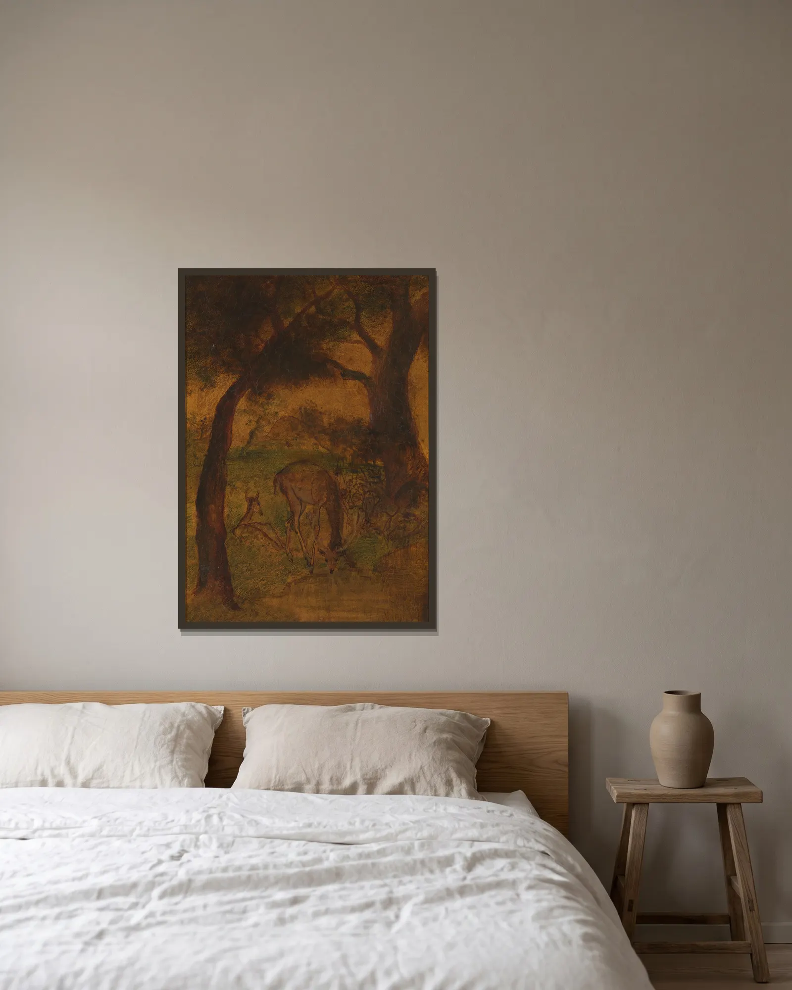 A Stag Drinking av Albert Pinkham Ryder inramad på en vägg
