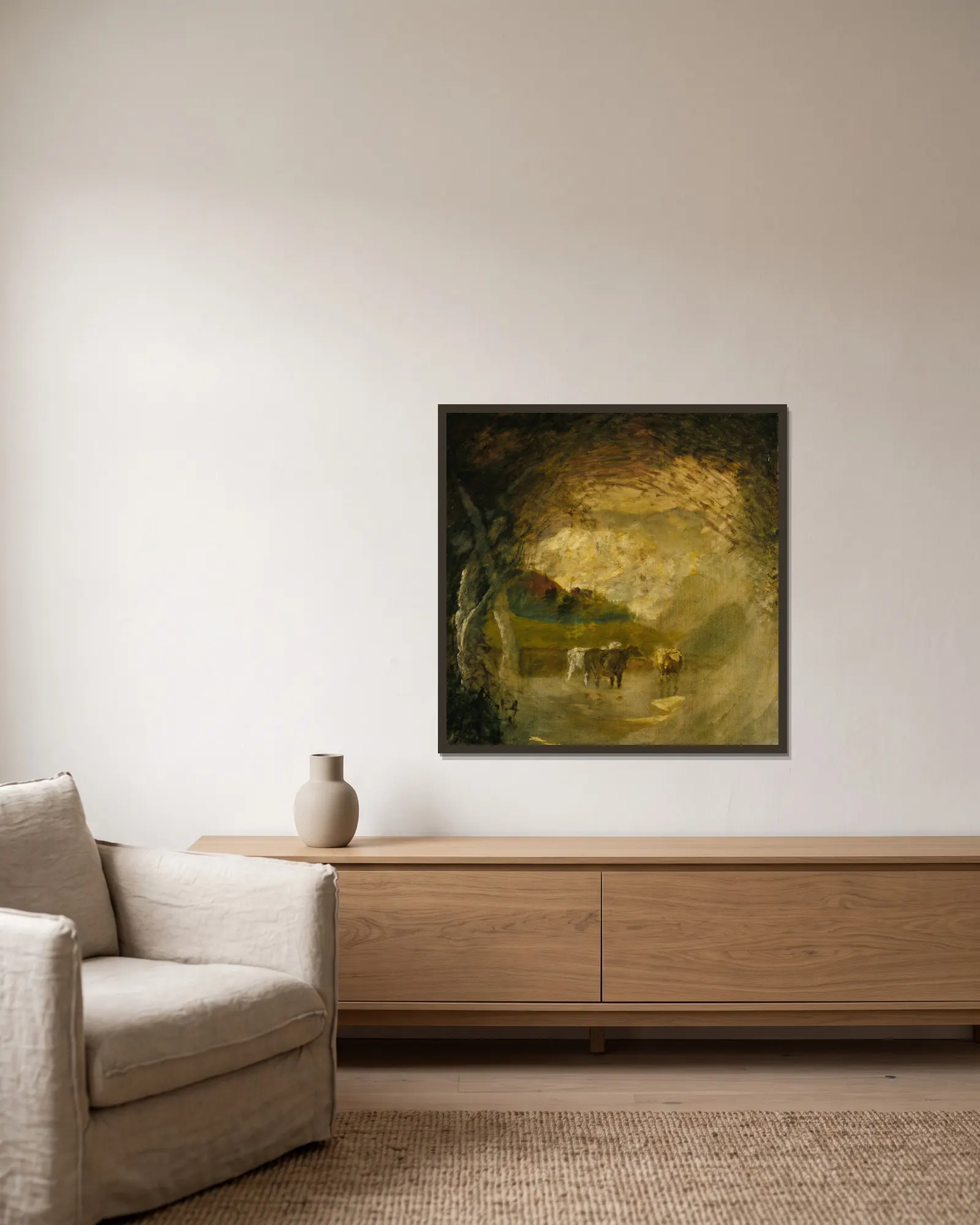 Landscape With Trees And Cattle av Albert Pinkham Ryder inramad på en vägg