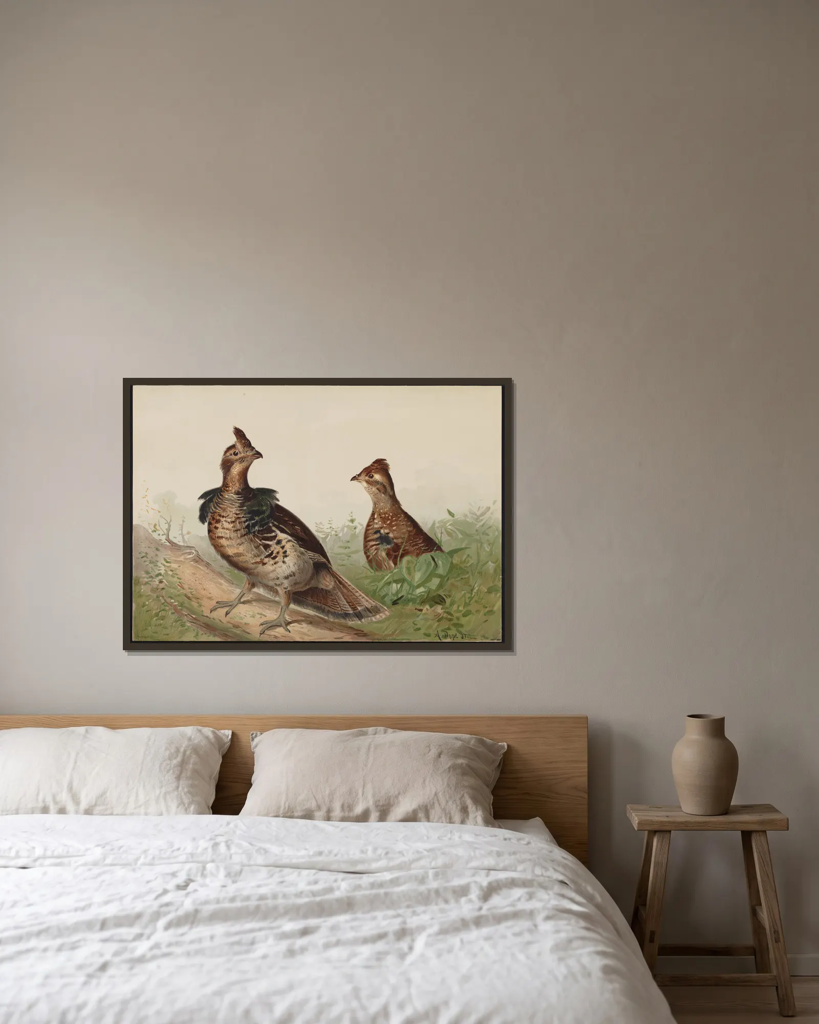 The ruffed grouse (Bonasas umbellus) av Alexander Pope Jr. inramad på en vägg