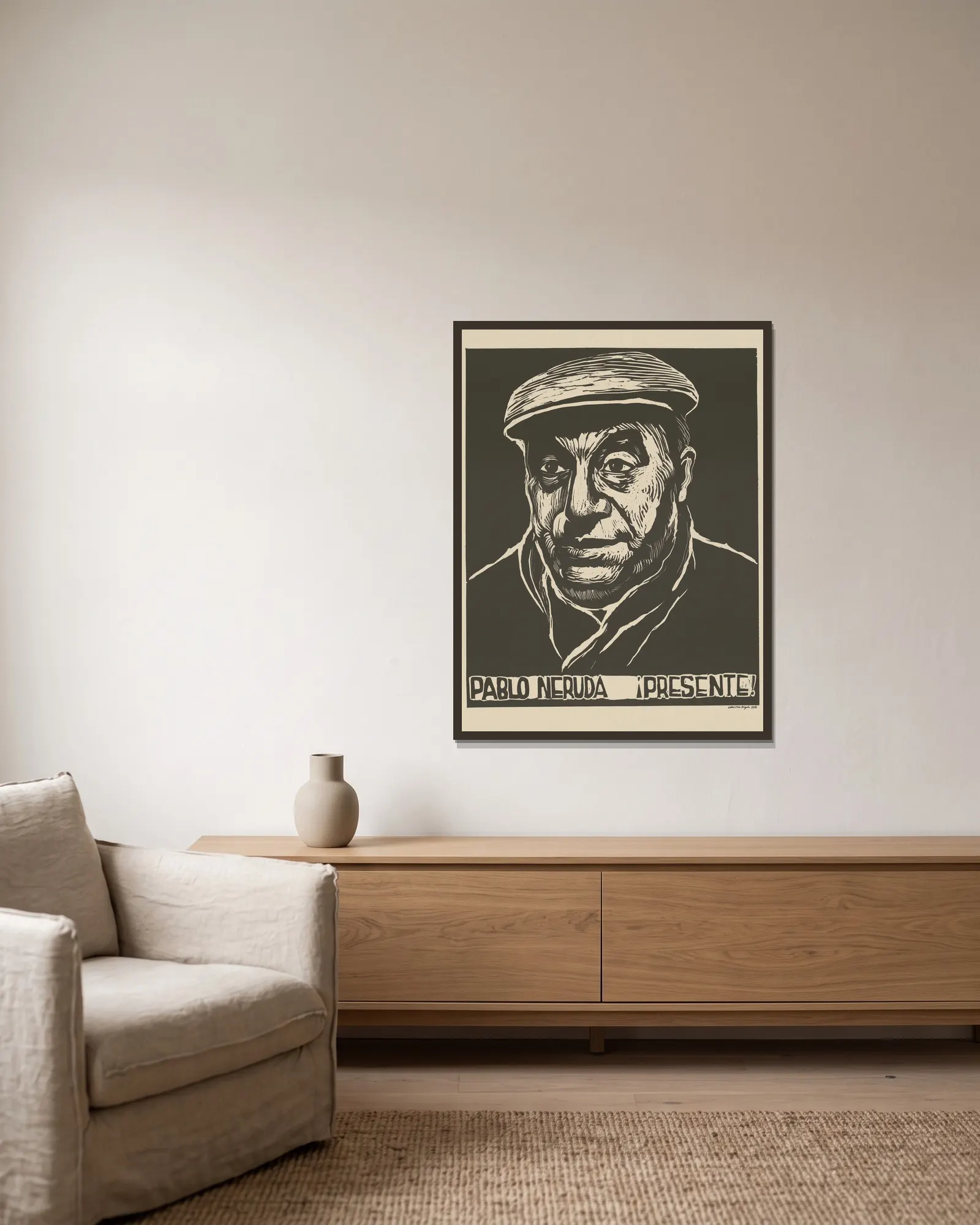 Pablo neruda – ! Presente! av Rachael Romero inramad på en vägg