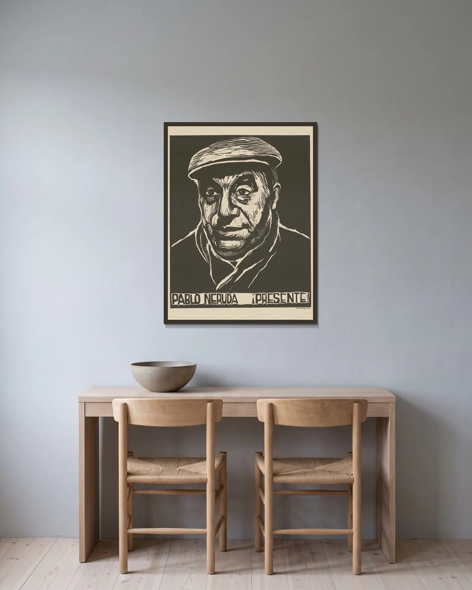 Pablo neruda – ! Presente! av Rachael Romero inramad på en vägg