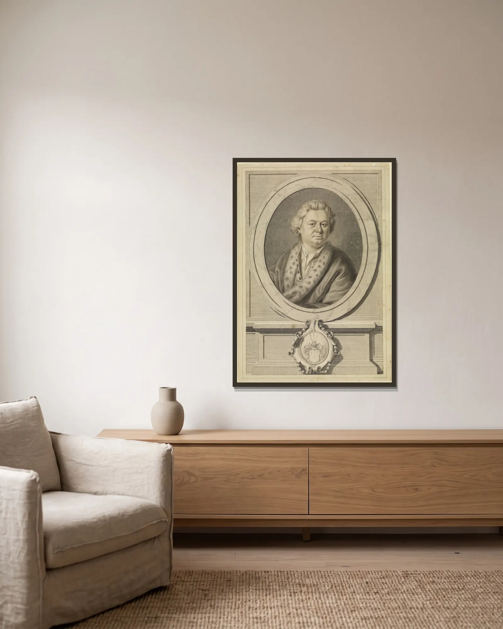 Bildnis eines älteren Herrn (Vorlage für einen Kupferstich) av Anton Raphael Mengs inramad på en vägg