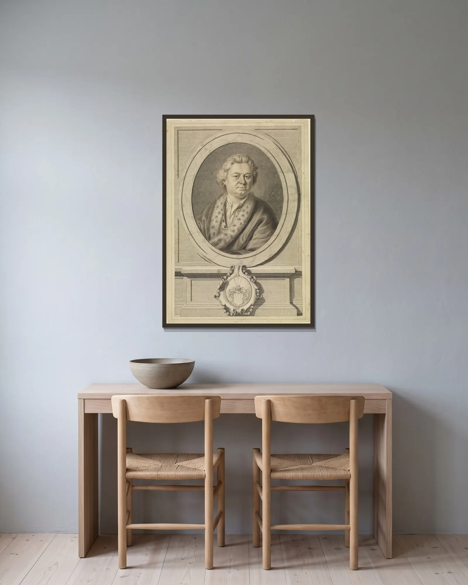 Bildnis eines älteren Herrn (Vorlage für einen Kupferstich) av Anton Raphael Mengs inramad på en vägg