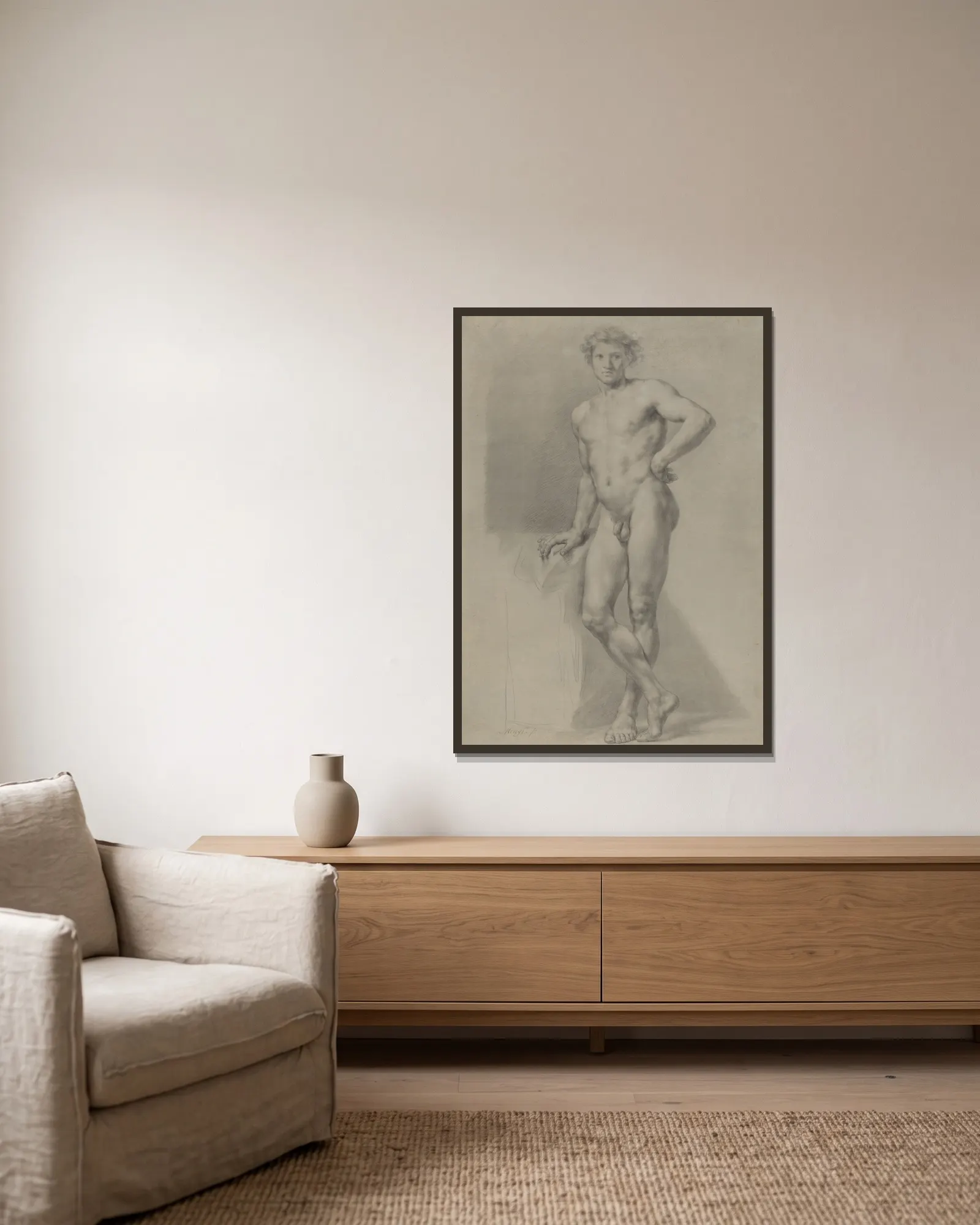 Male Nude Study av Anton Raphael Mengs inramad på en vägg