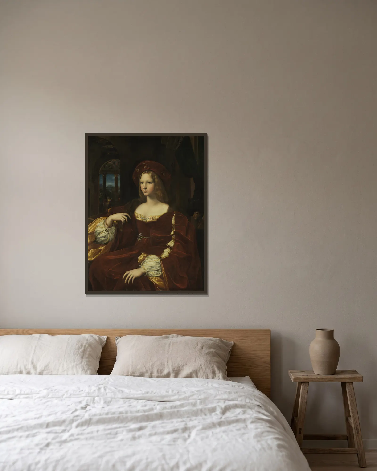 Portrait de Jeanne d’Aragon av Raphael inramad på en vägg
