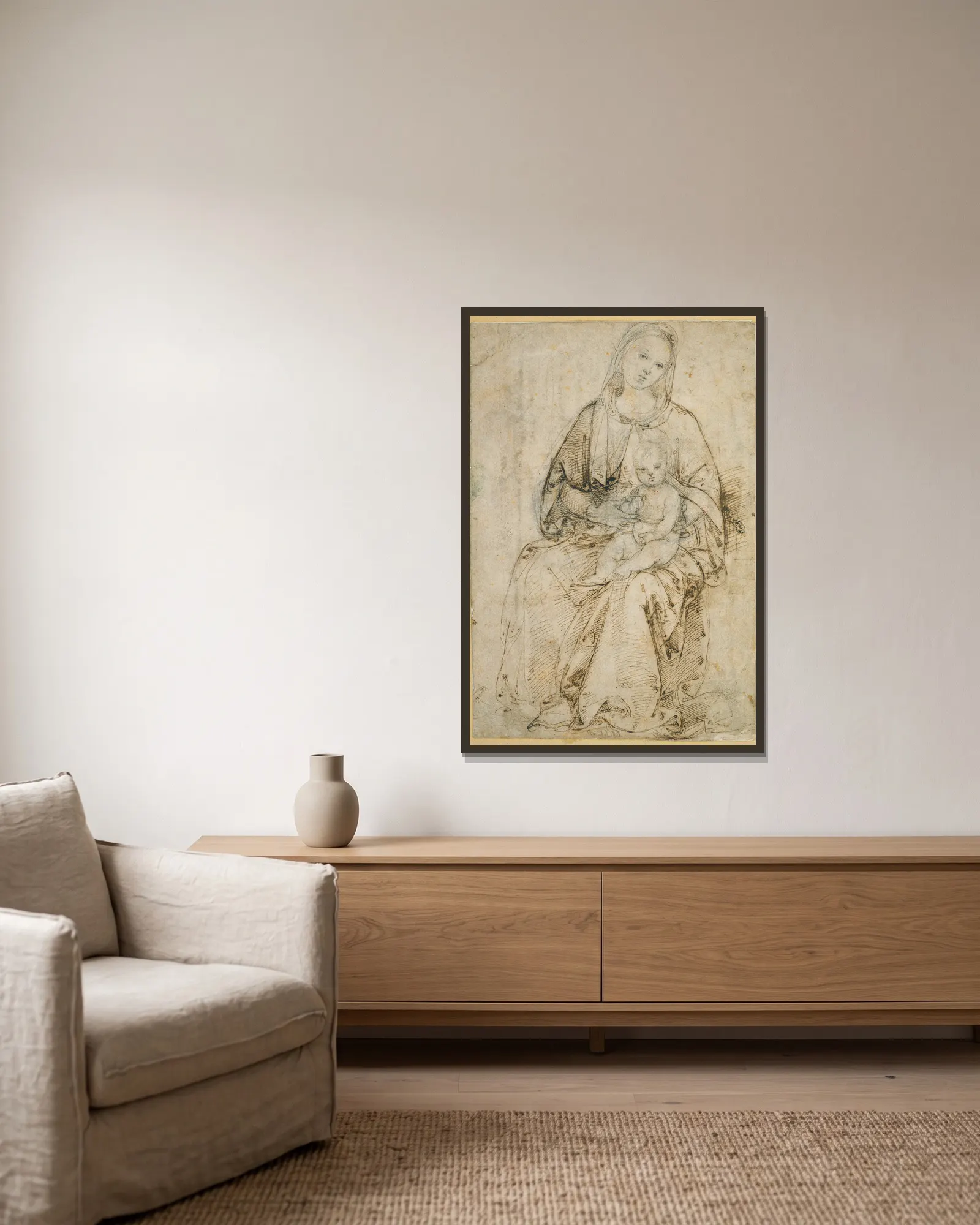 Seated Madonna and Child av Raphael inramad på en vägg