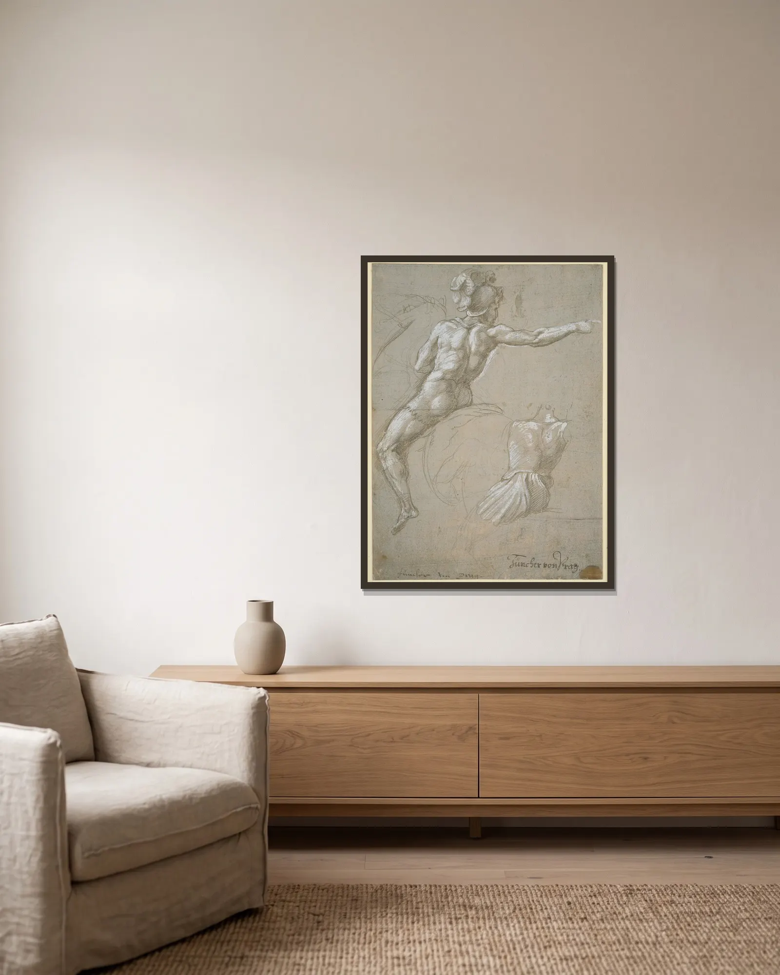 Study of a Warrior on Horseback av Raphael inramad på en vägg