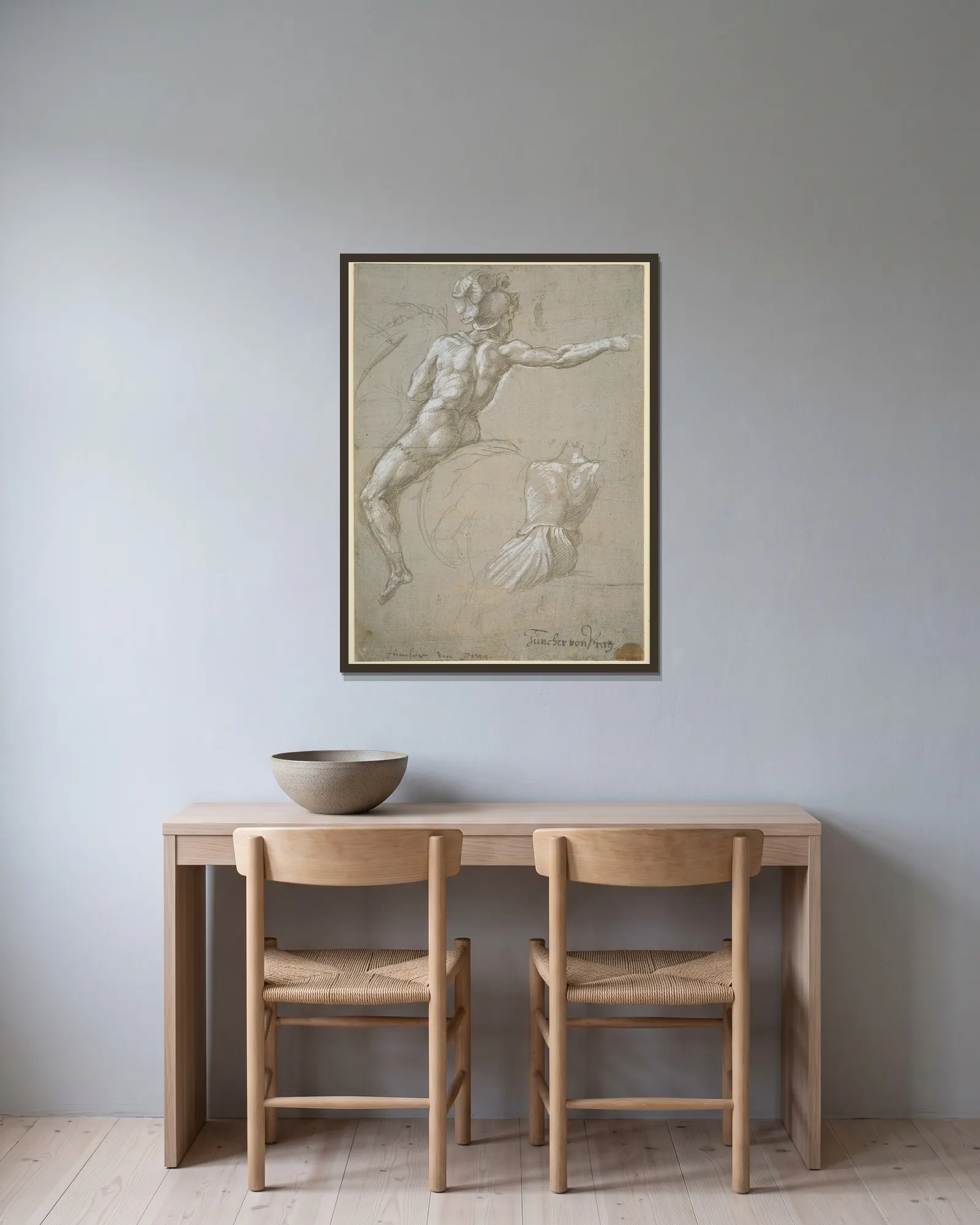 Study of a Warrior on Horseback av Raphael inramad på en vägg