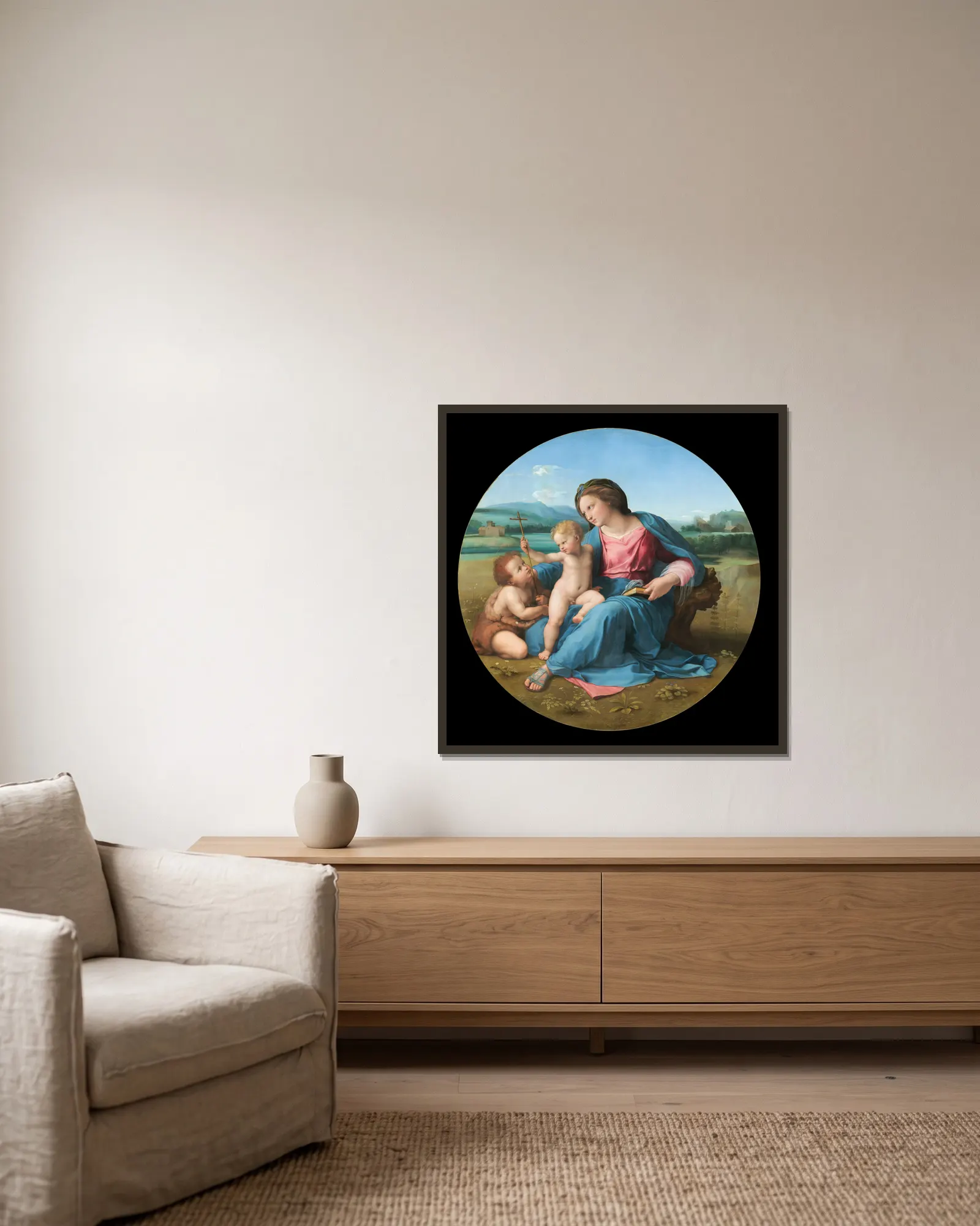 The Alba Madonna av Raphael inramad på en vägg