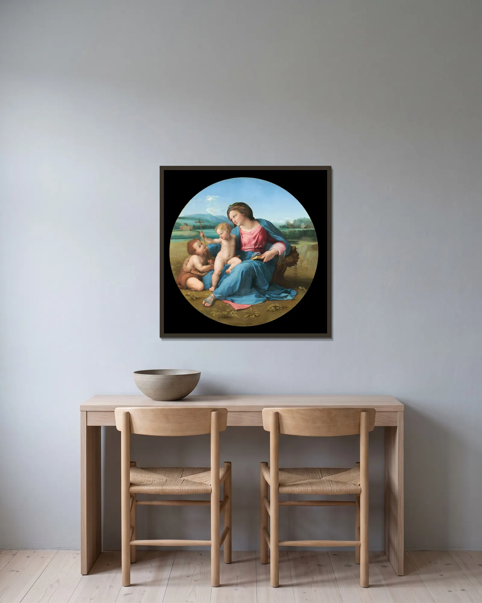 The Alba Madonna av Raphael inramad på en vägg
