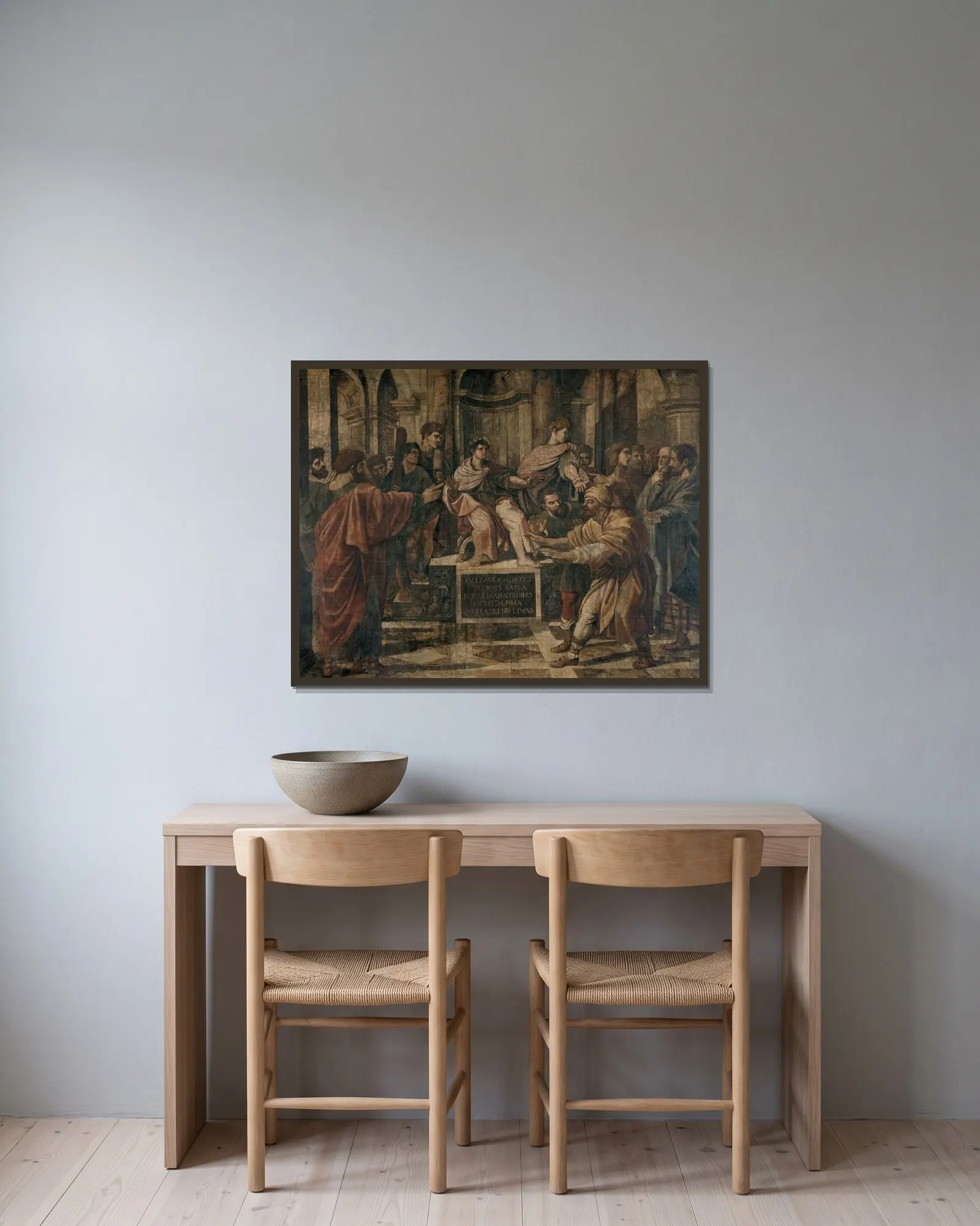The Blinding of Elymas av Raphael inramad på en vägg