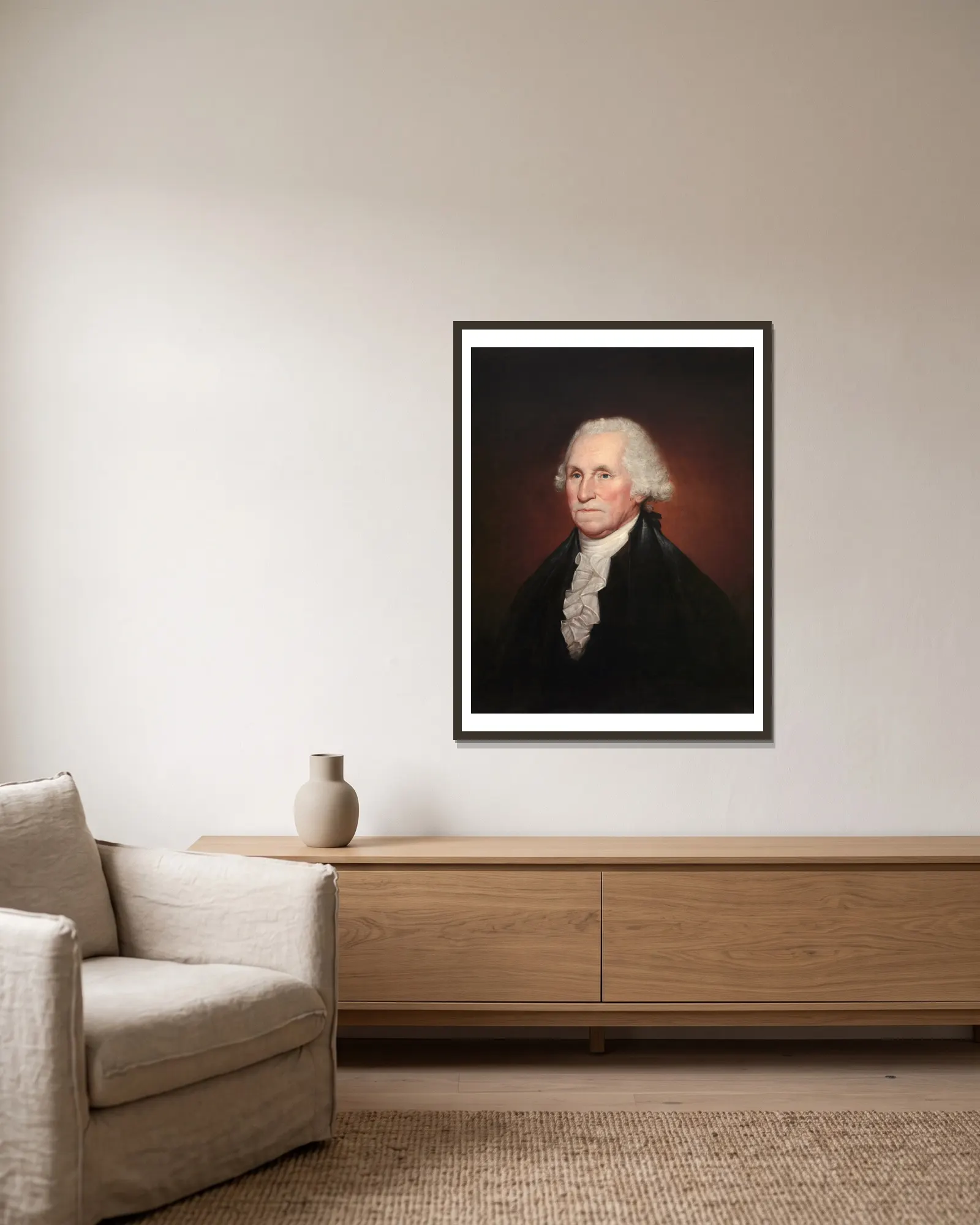 George Washington – nr 1 av Rembrandt Peale inramad på en vägg