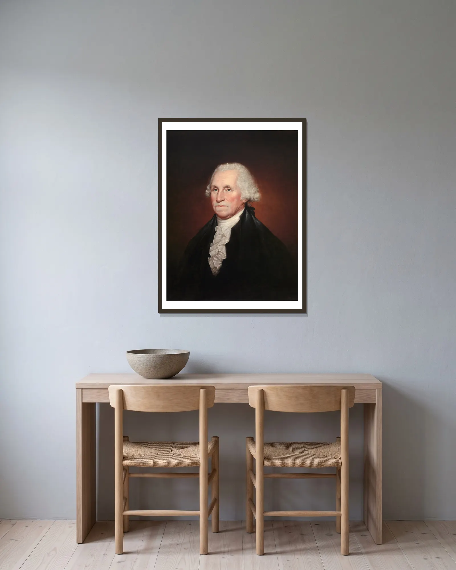 George Washington – nr 1 av Rembrandt Peale inramad på en vägg