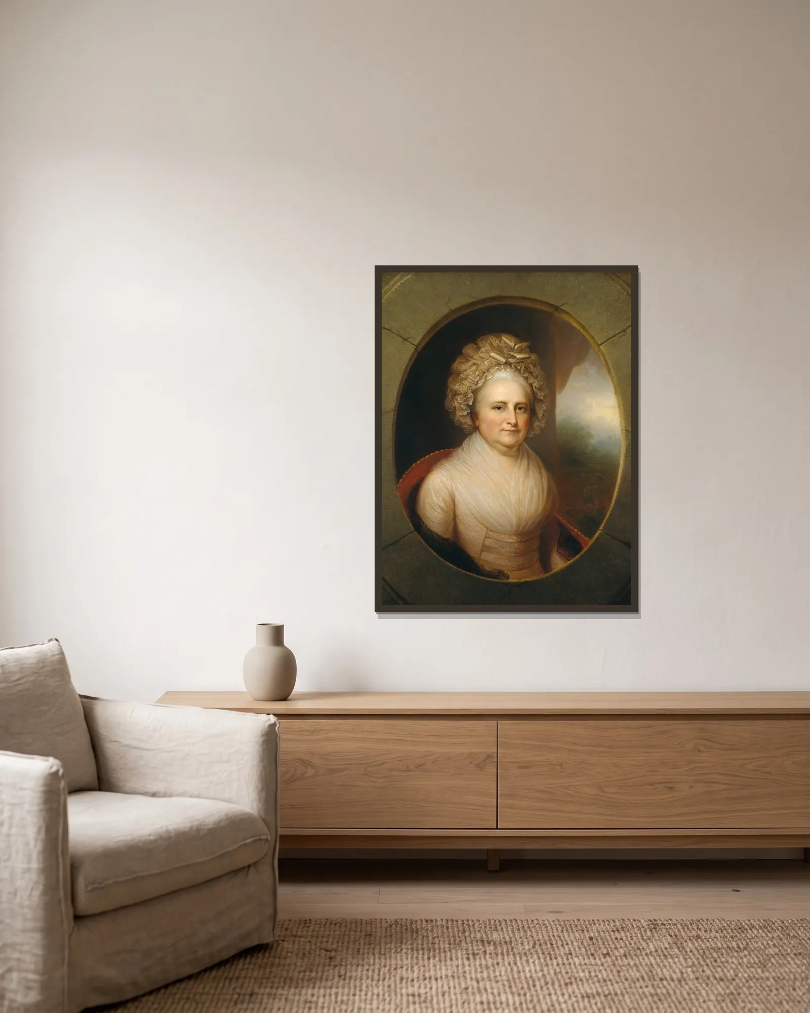 Martha Washington av Rembrandt Peale inramad på en vägg