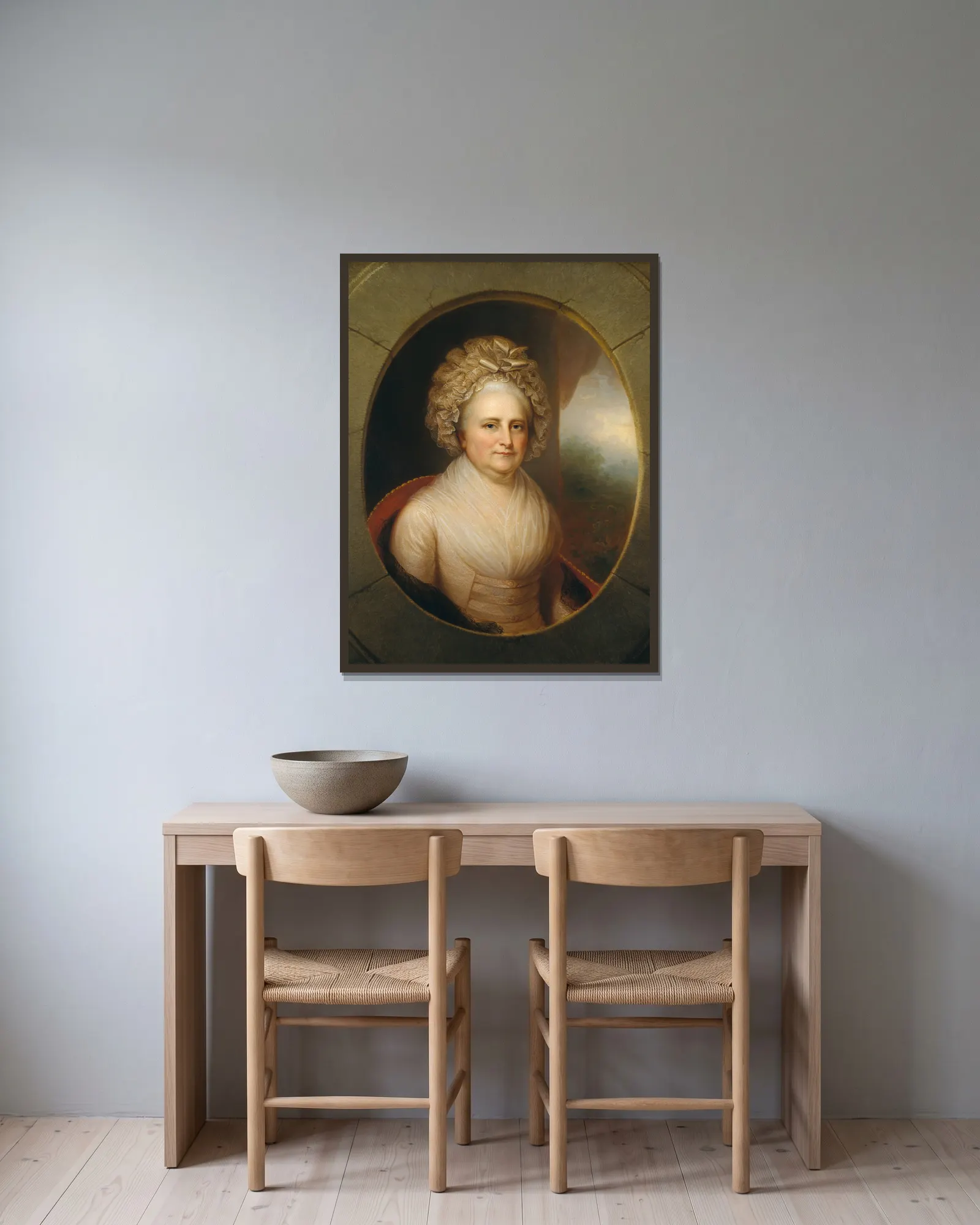 Martha Washington av Rembrandt Peale inramad på en vägg