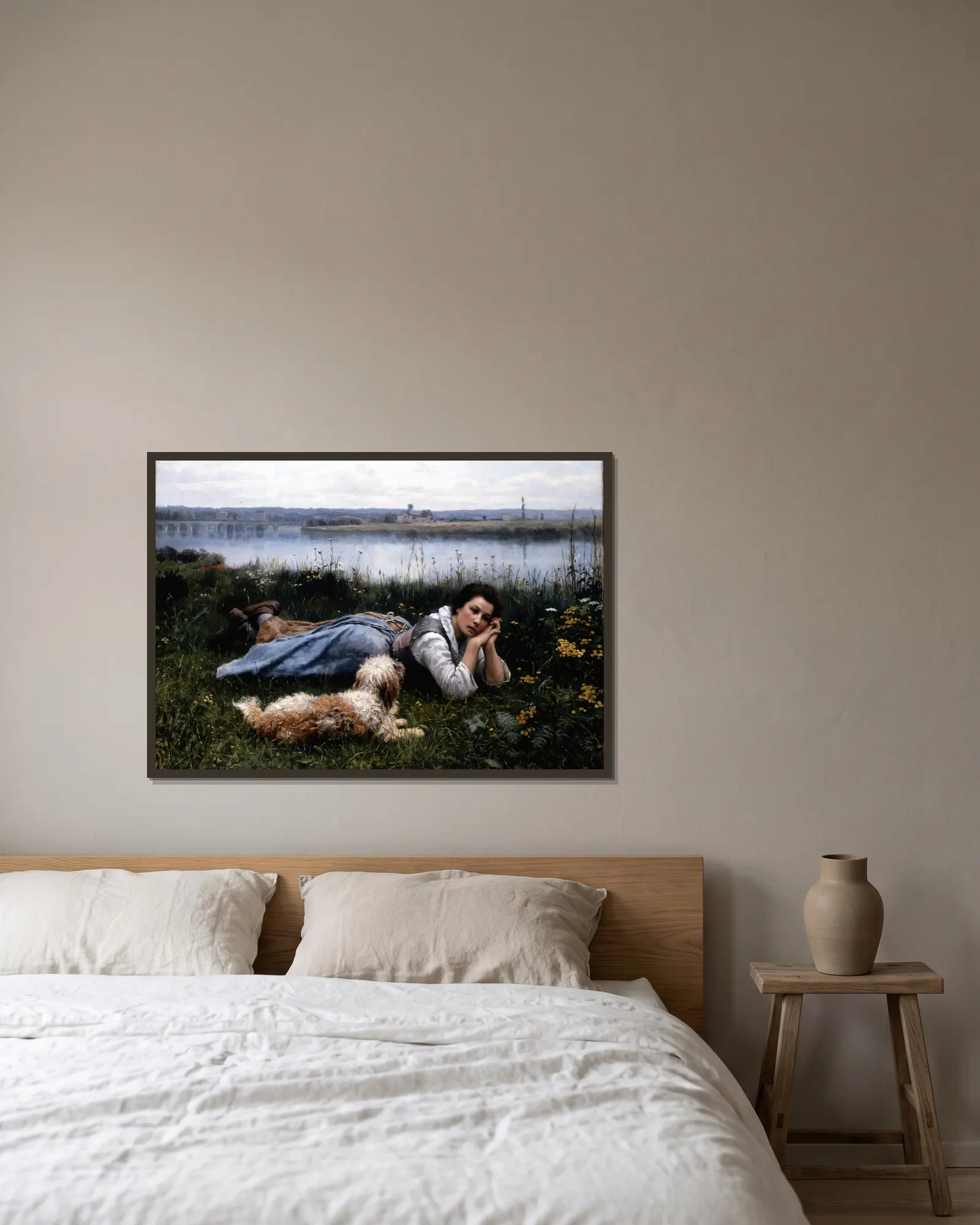 Reverie av Daniel Ridgway Knight inramad på en vägg
