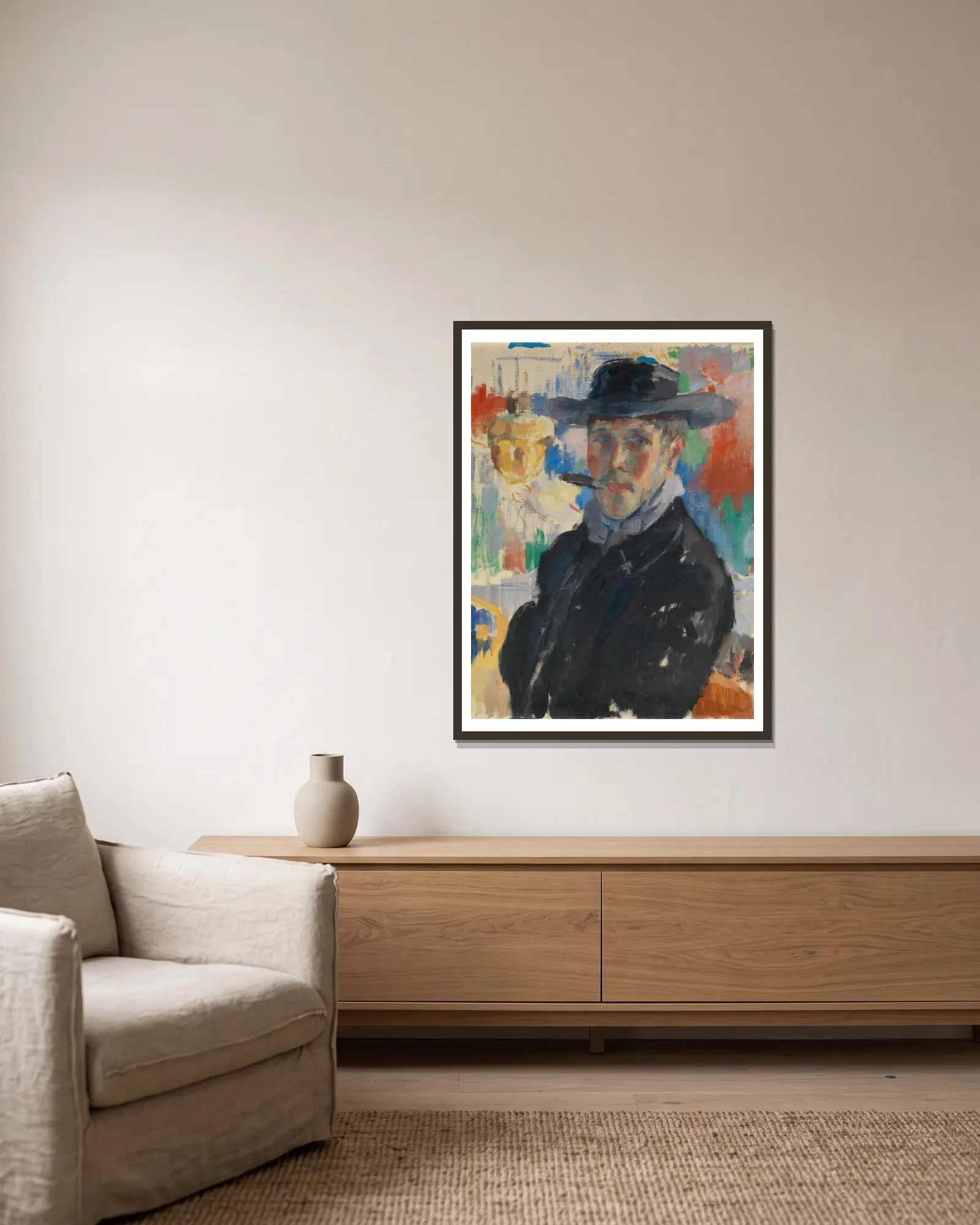 Self Portrait with Cigar av Rik Wouters inramad på en vägg