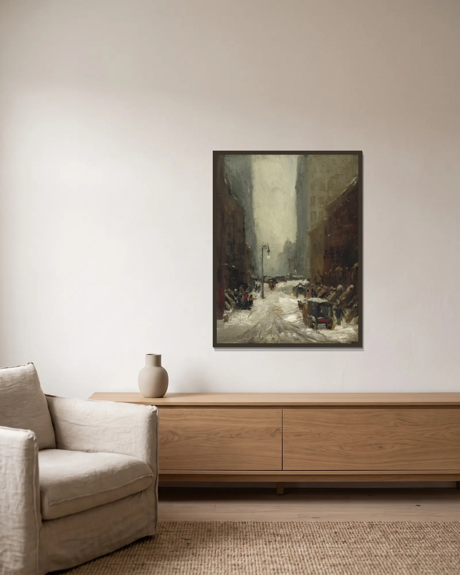 Snow in New York av Robert Henri inramad på en vägg