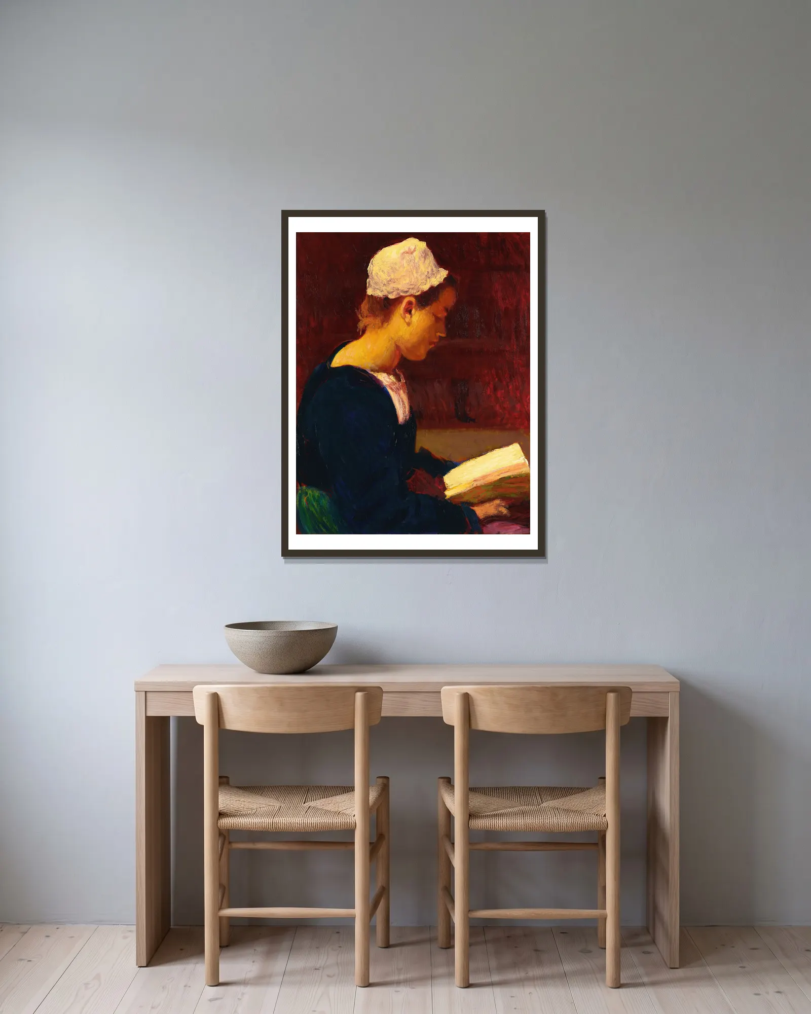 Breton Girl Reading (Bretonne Lisant) av Roderic O'Conor inramad på en vägg