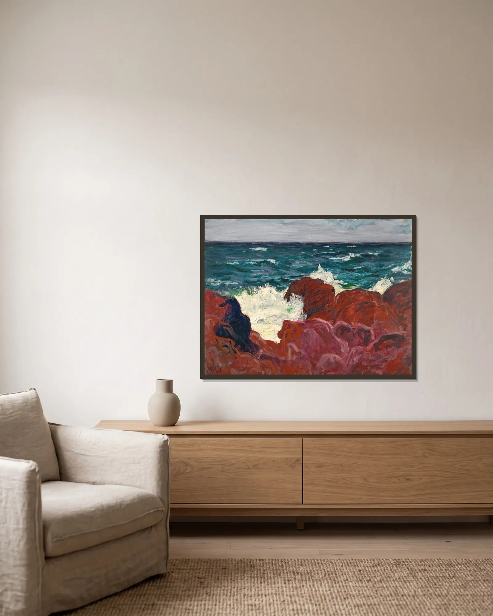 Red Rocks And Sea av Roderic O'Conor inramad på en vägg