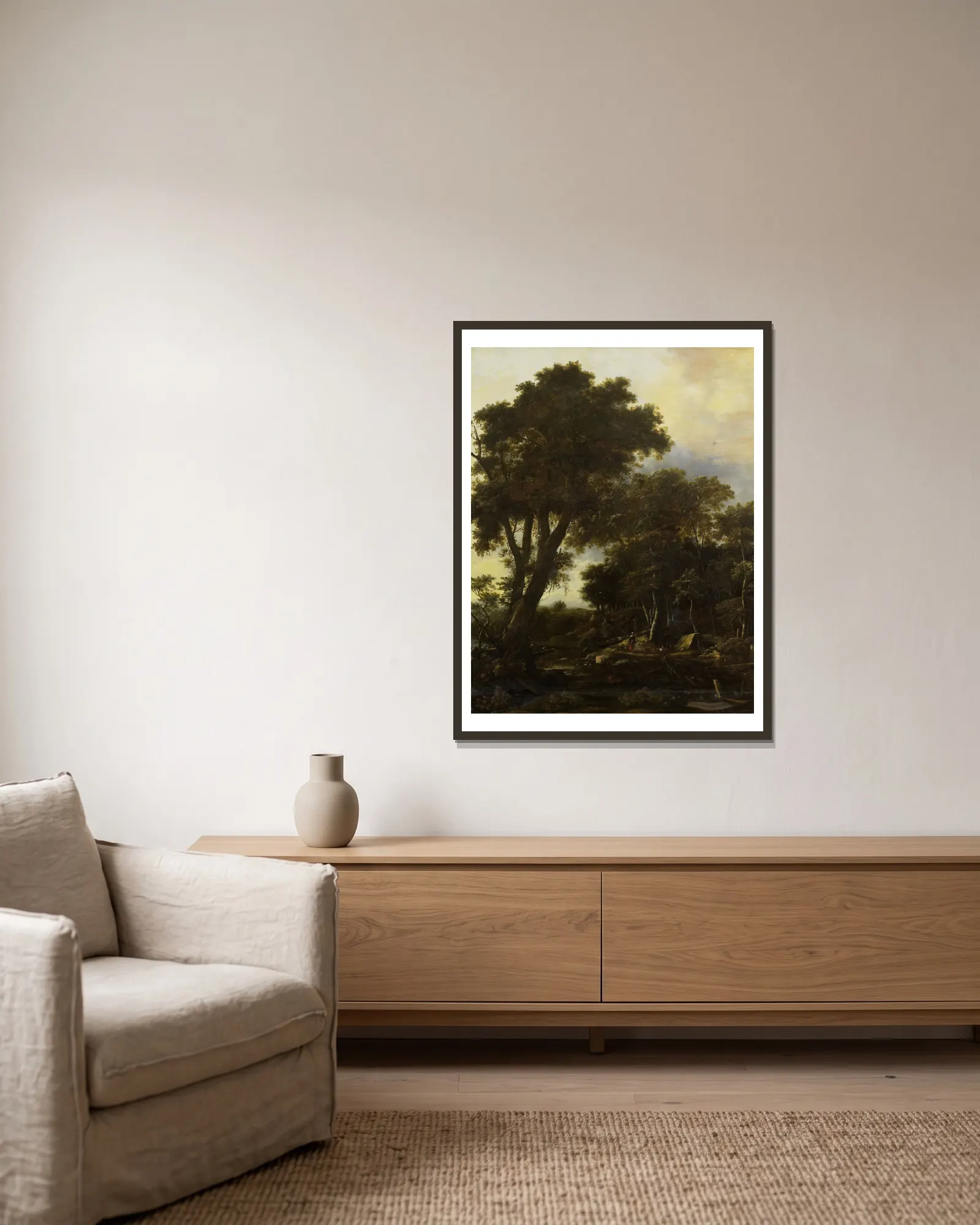 Forest landscape with lean-to av Roelant Roghman inramad på en vägg