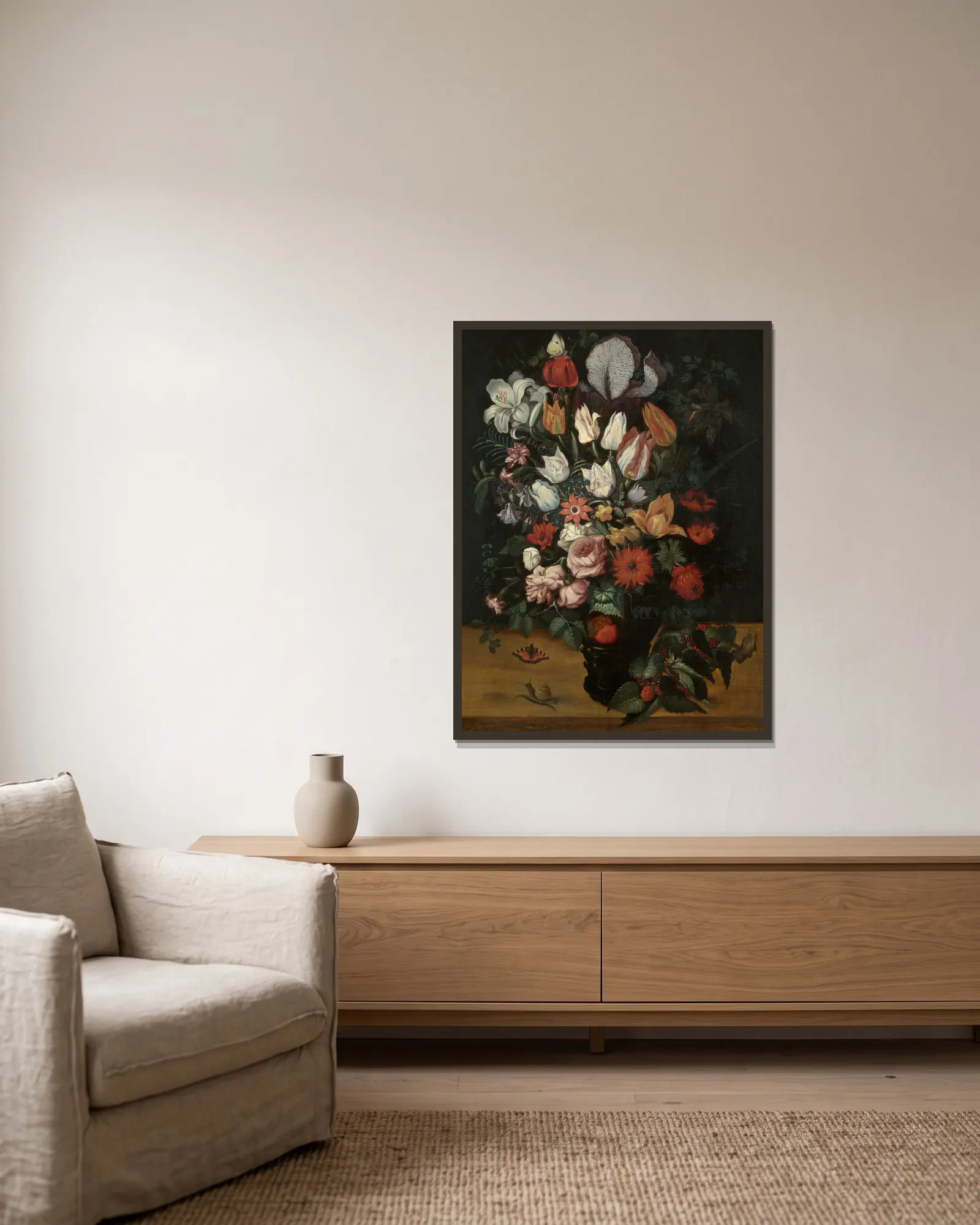 Flower Piece av Roelant Savery inramad på en vägg