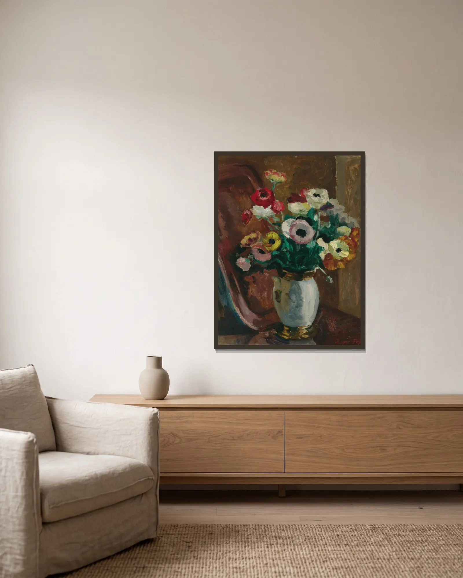 Anemones av Roger Fry inramad på en vägg