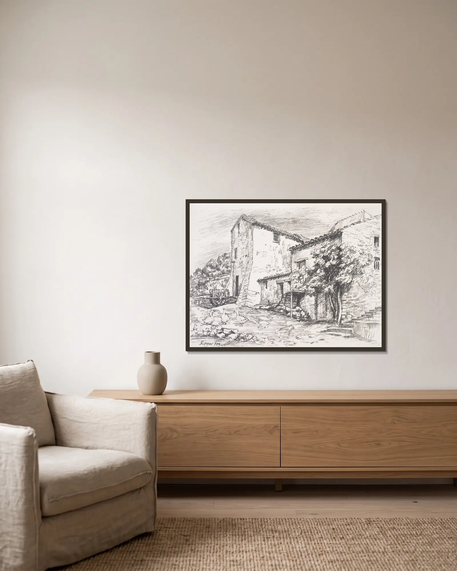 Farmhouse av Roger Fry inramad på en vägg