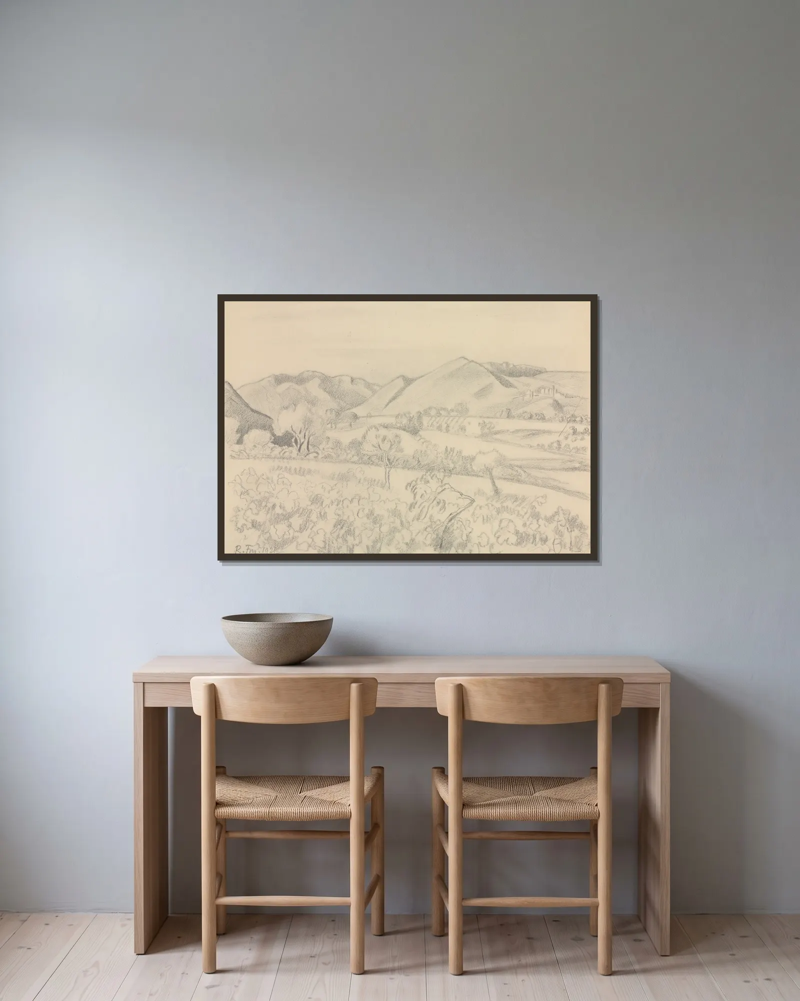Landscape av Roger Fry inramad på en vägg