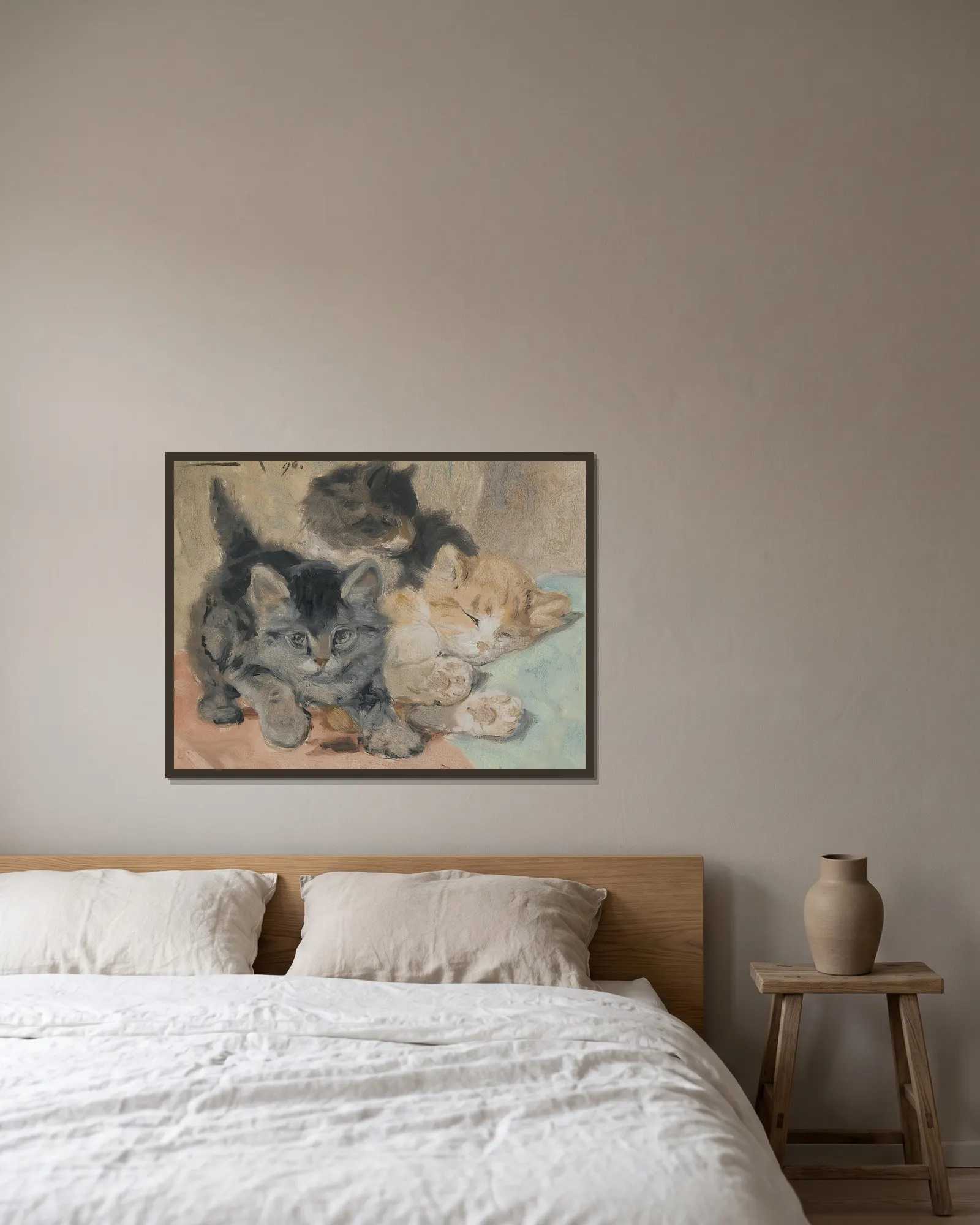 Three Kittens av Henriëtte Ronner-Knip inramad på en vägg