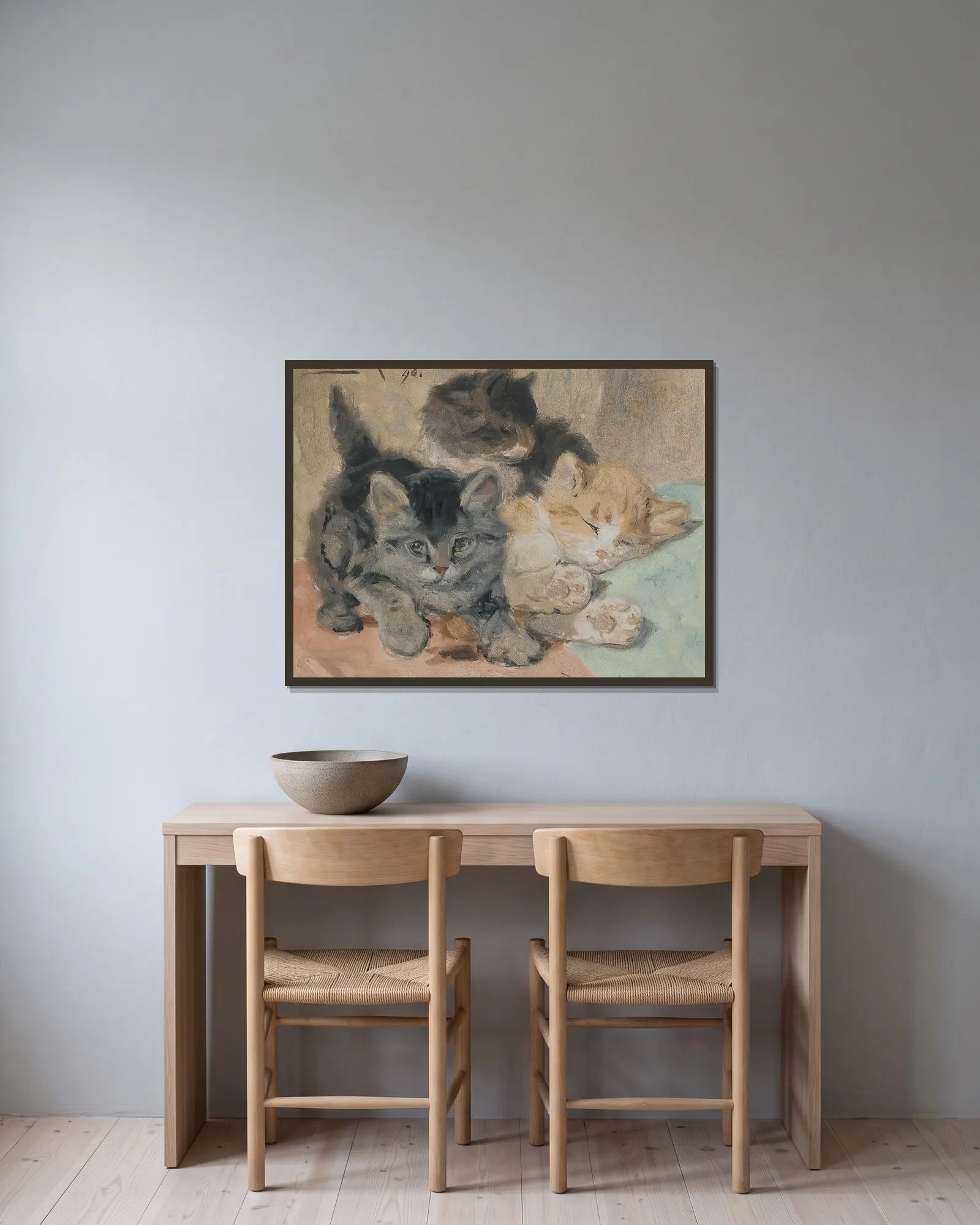 Three Kittens av Henriëtte Ronner-Knip inramad på en vägg