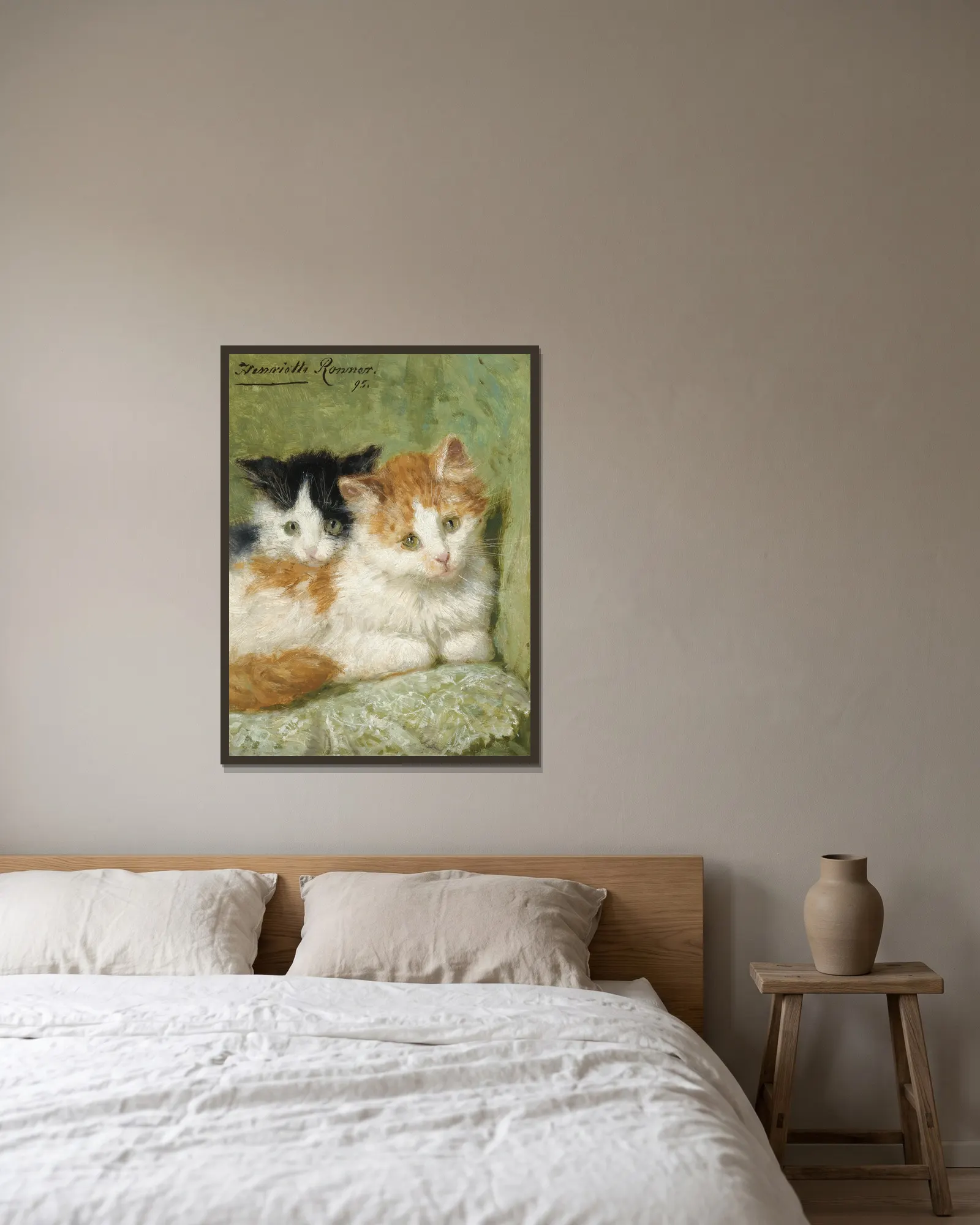 Two Kittens Sitting On A Cushion av Henriëtte Ronner-Knip inramad på en vägg