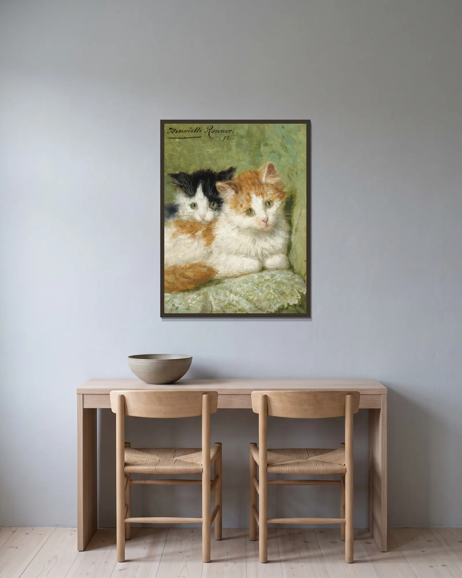 Two Kittens Sitting On A Cushion av Henriëtte Ronner-Knip inramad på en vägg