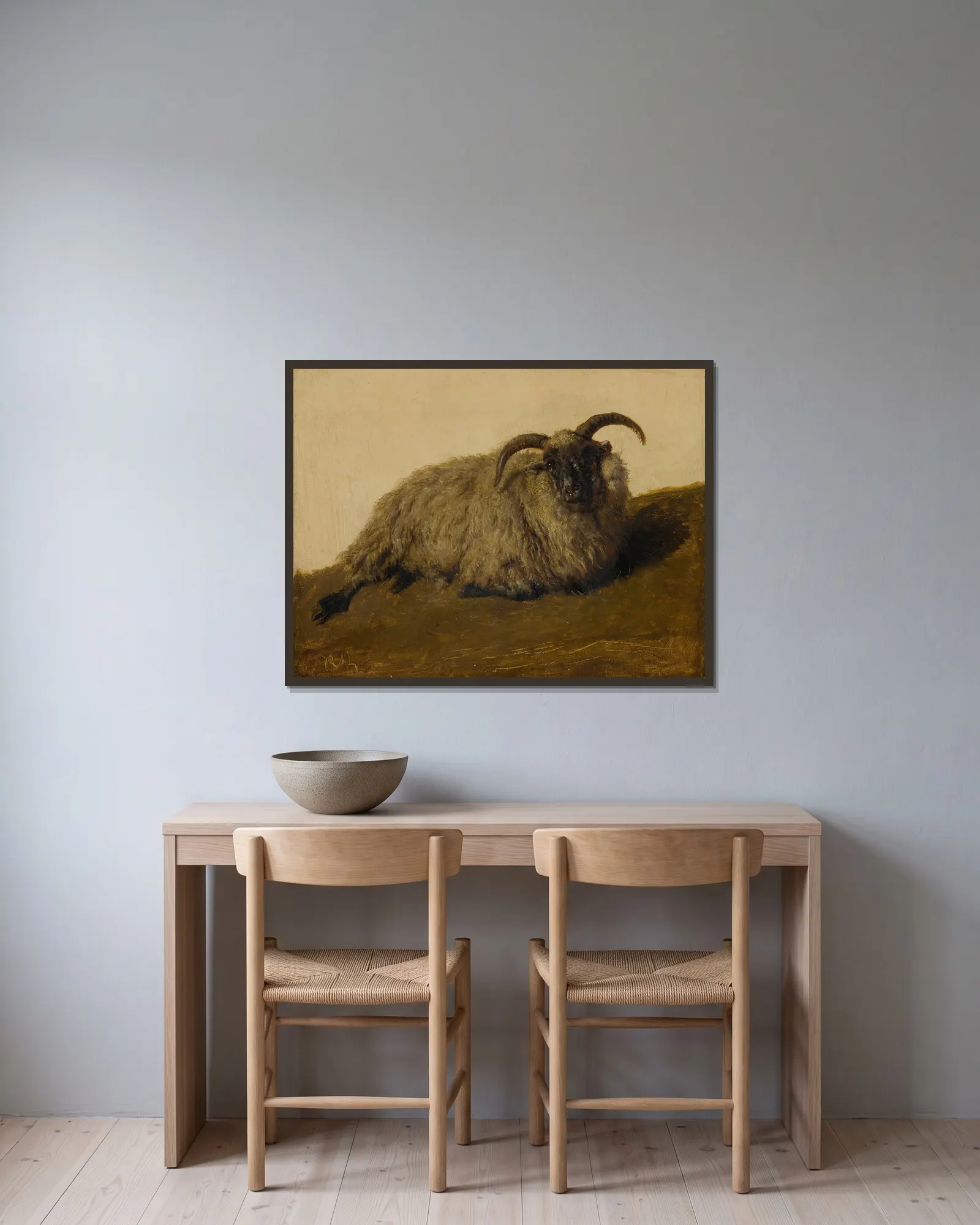 Le Mérinos av Rosa Bonheur inramad på en vägg