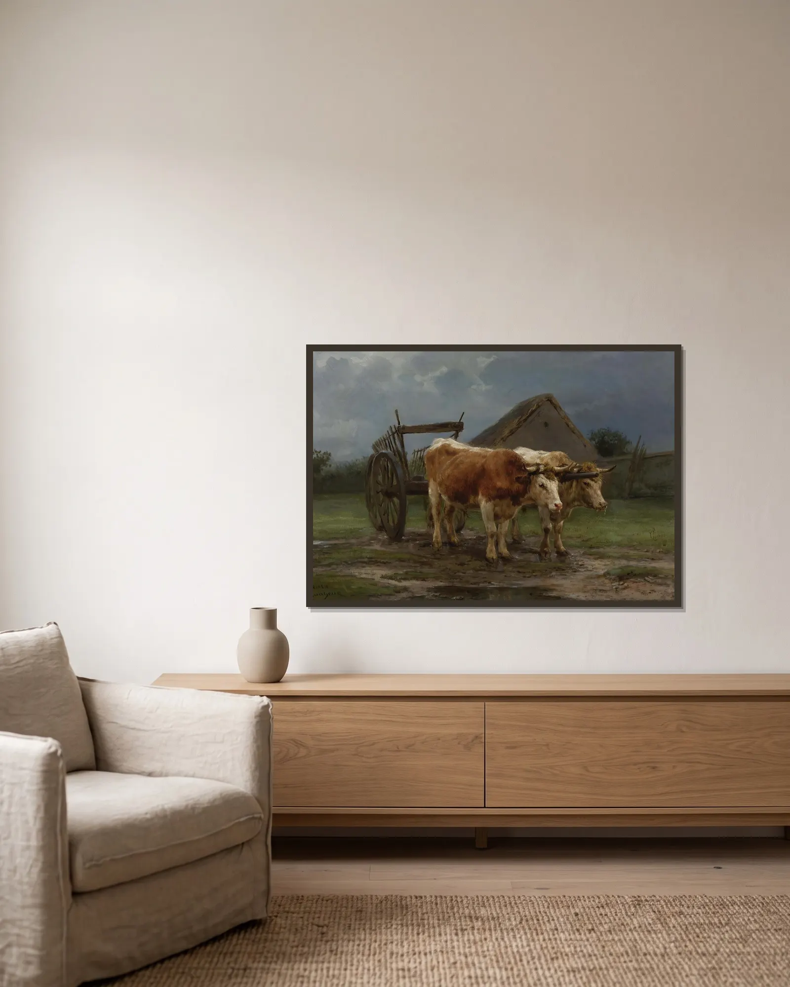 Oxen Pulling A Cart av Rosa Bonheur inramad på en vägg
